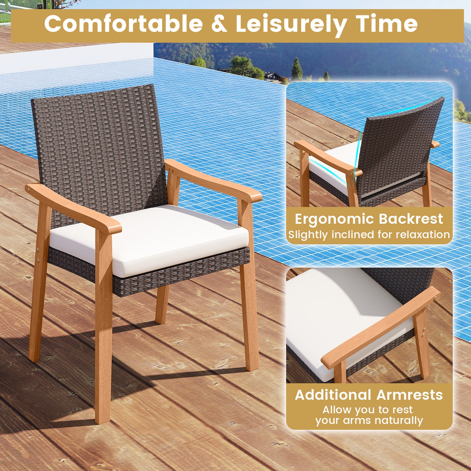 7-Pieces Patio Dining Table Set Acacia Wood Table and 6 Armchairs