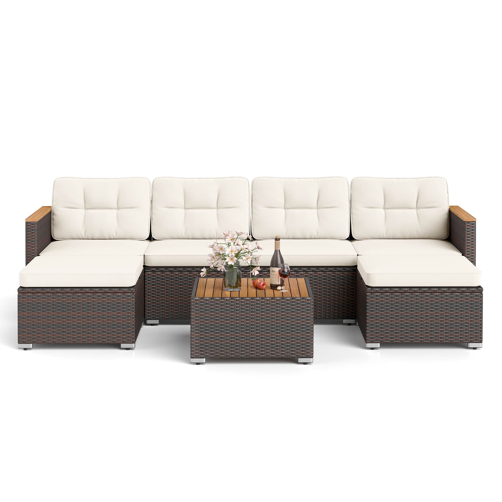 7 Pieces Wicker Conversation Set with Wood Armrests for Backyard