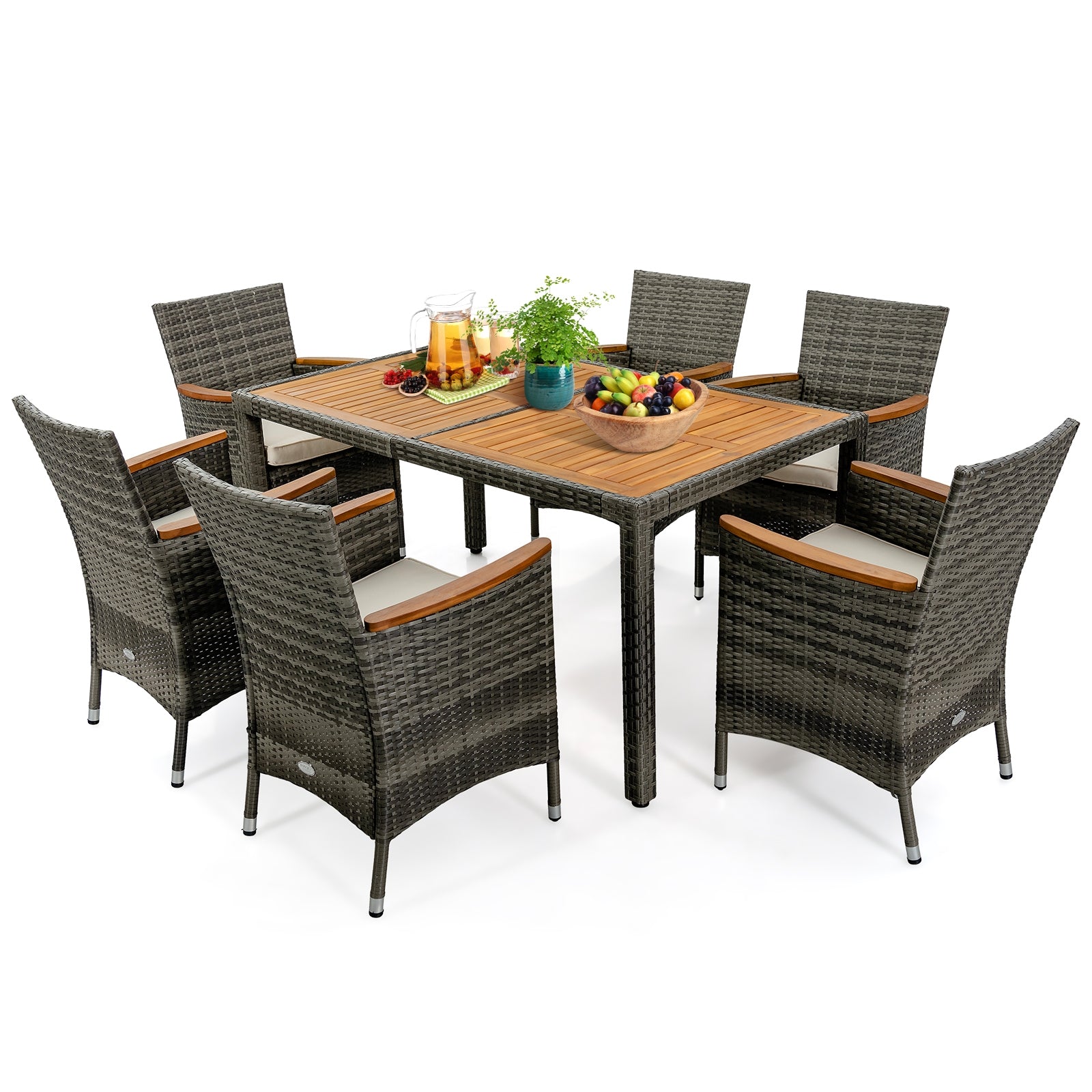 7 Pieces Patio Acacia Wood Cushioned PE Rattan Wicker Dining Set