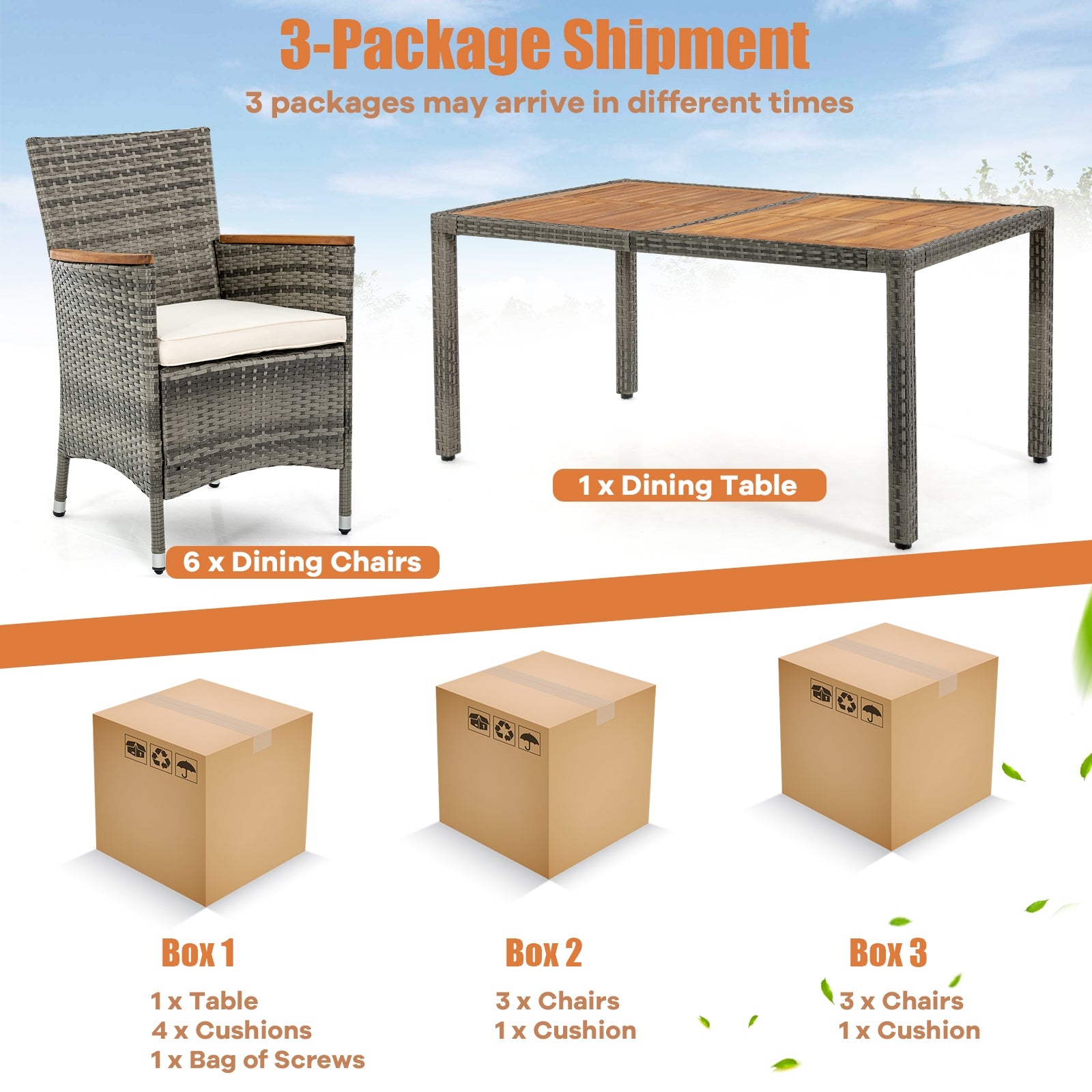 7 Pieces Patio Acacia Wood Cushioned PE Rattan Wicker Dining Set