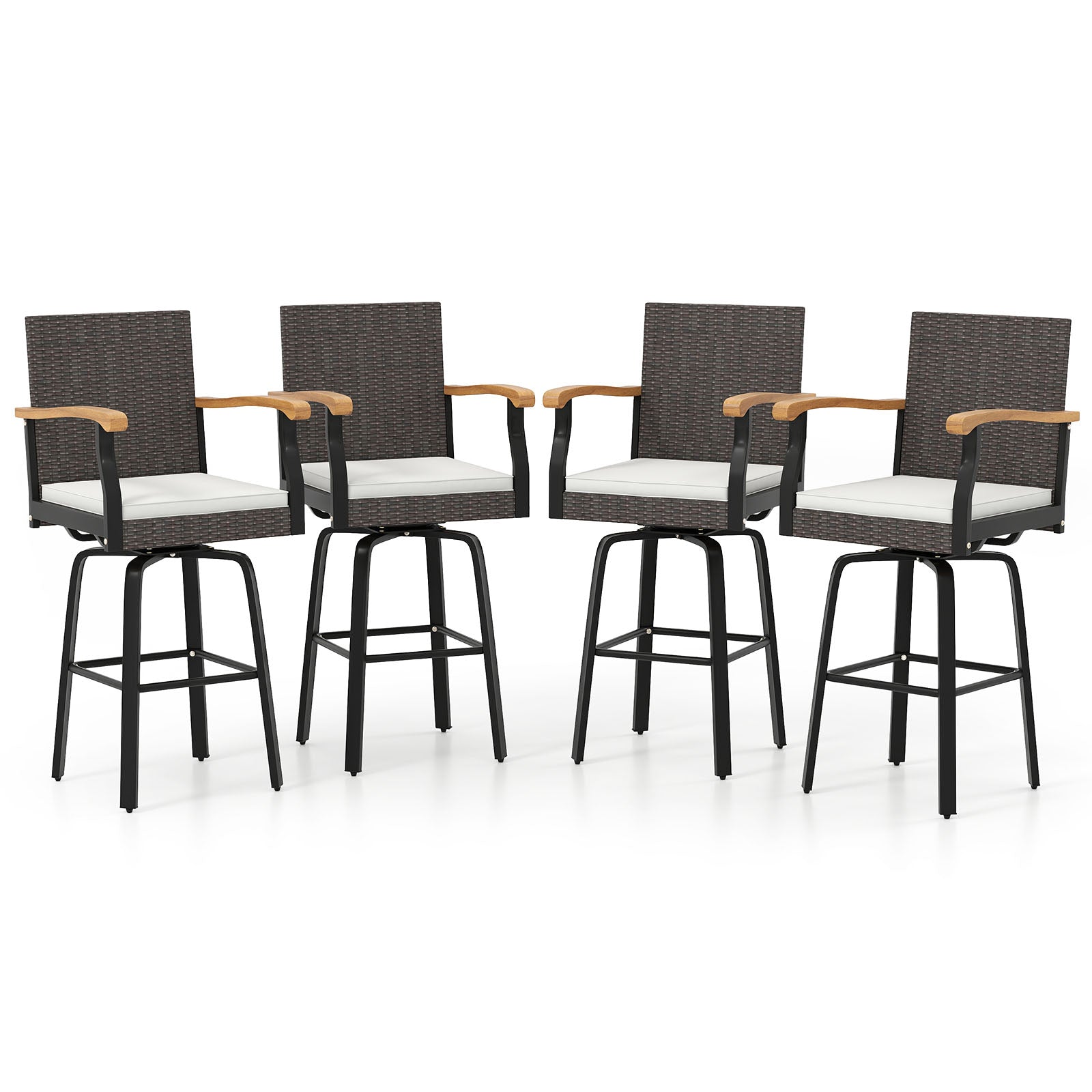 Set of 4 Outdoor 360° Swivel Bar Stool with Cushion and Acacia Wood Armrests