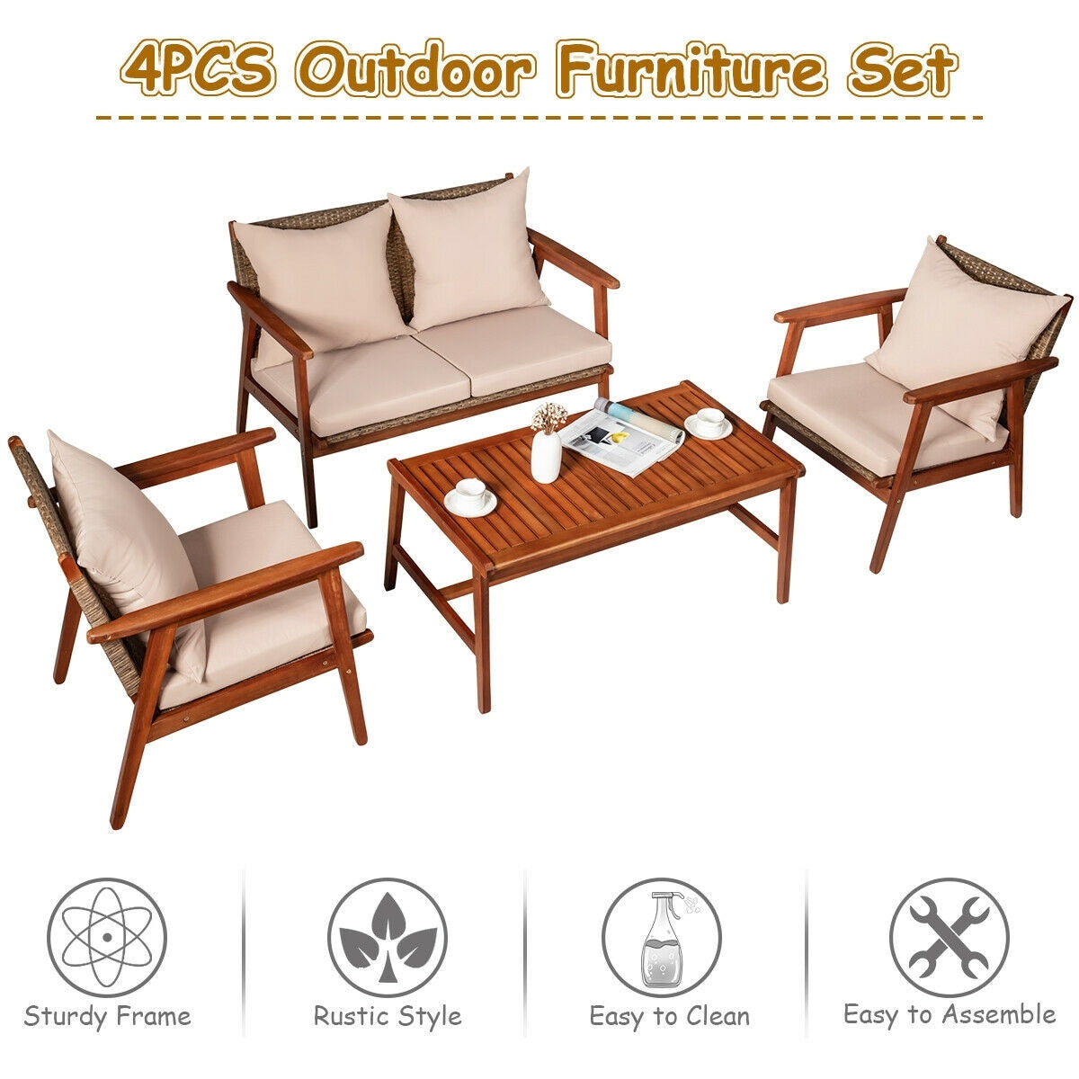 4 Piece Acacia Wood Patio Rattan Furniture Set