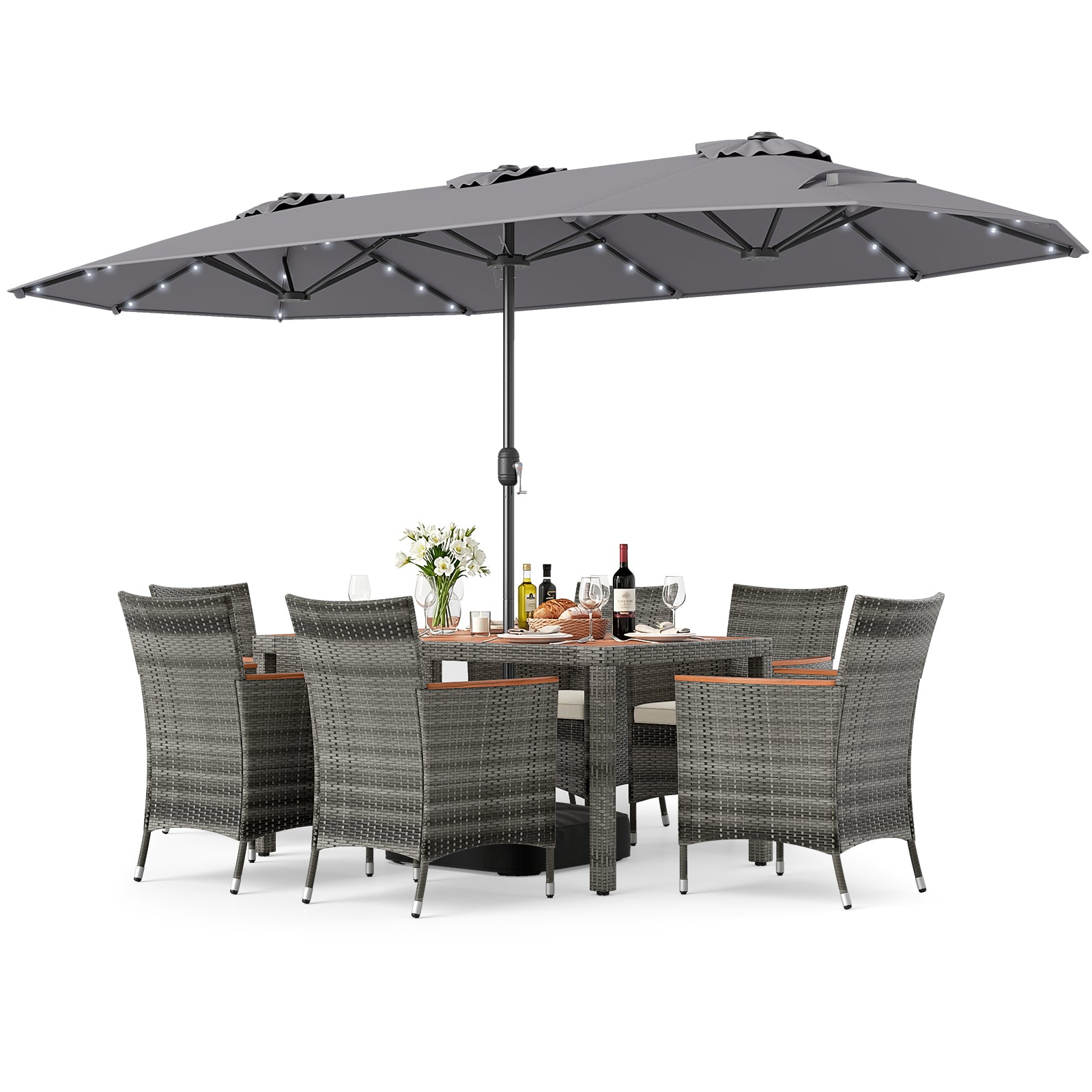 8 Pieces Outdoor Wicker Dining Furniture and 13.5 FT Double-Sided Patio Umbrella