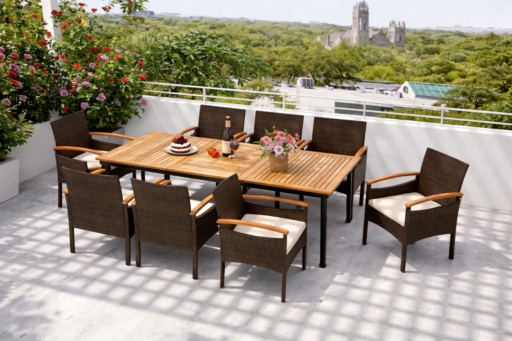 9 Pieces Patio PE Wicker Dining Set with Cushions and Umbrella Hole