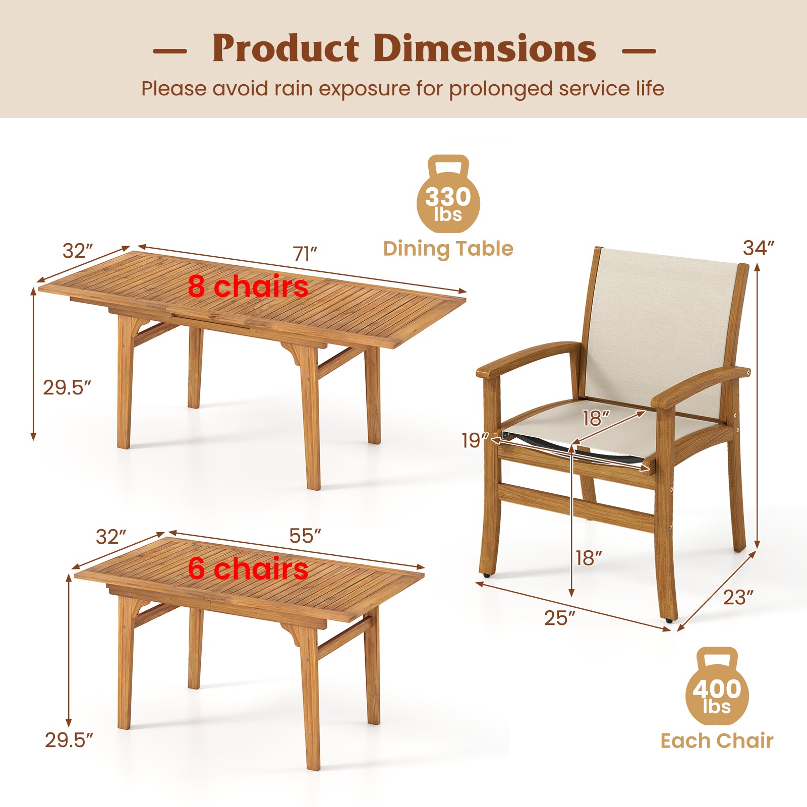 9 Pieces Outdoor Acacia Wood Patio Dining Set for 6-8