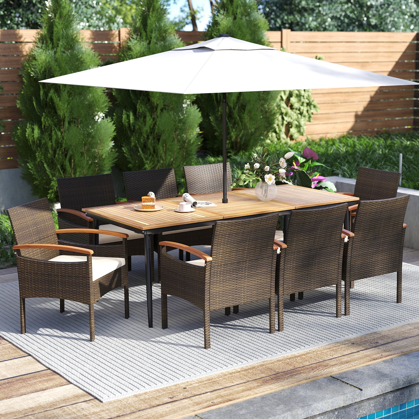 9 Pieces Patio PE Wicker Dining Set with Cushions and Umbrella Hole