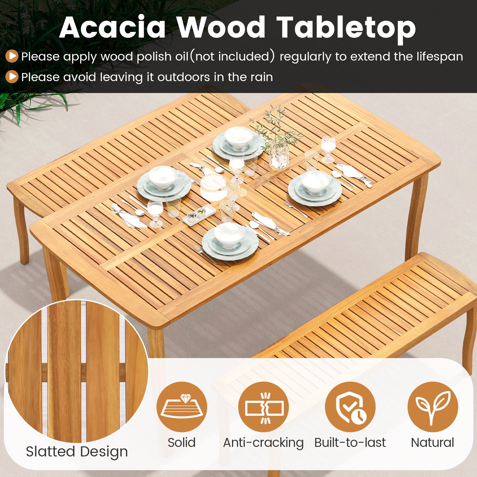 Acacia Wood Outdoor Table and Bench Chairs Set with 1.97 Inch Umbrella Hole