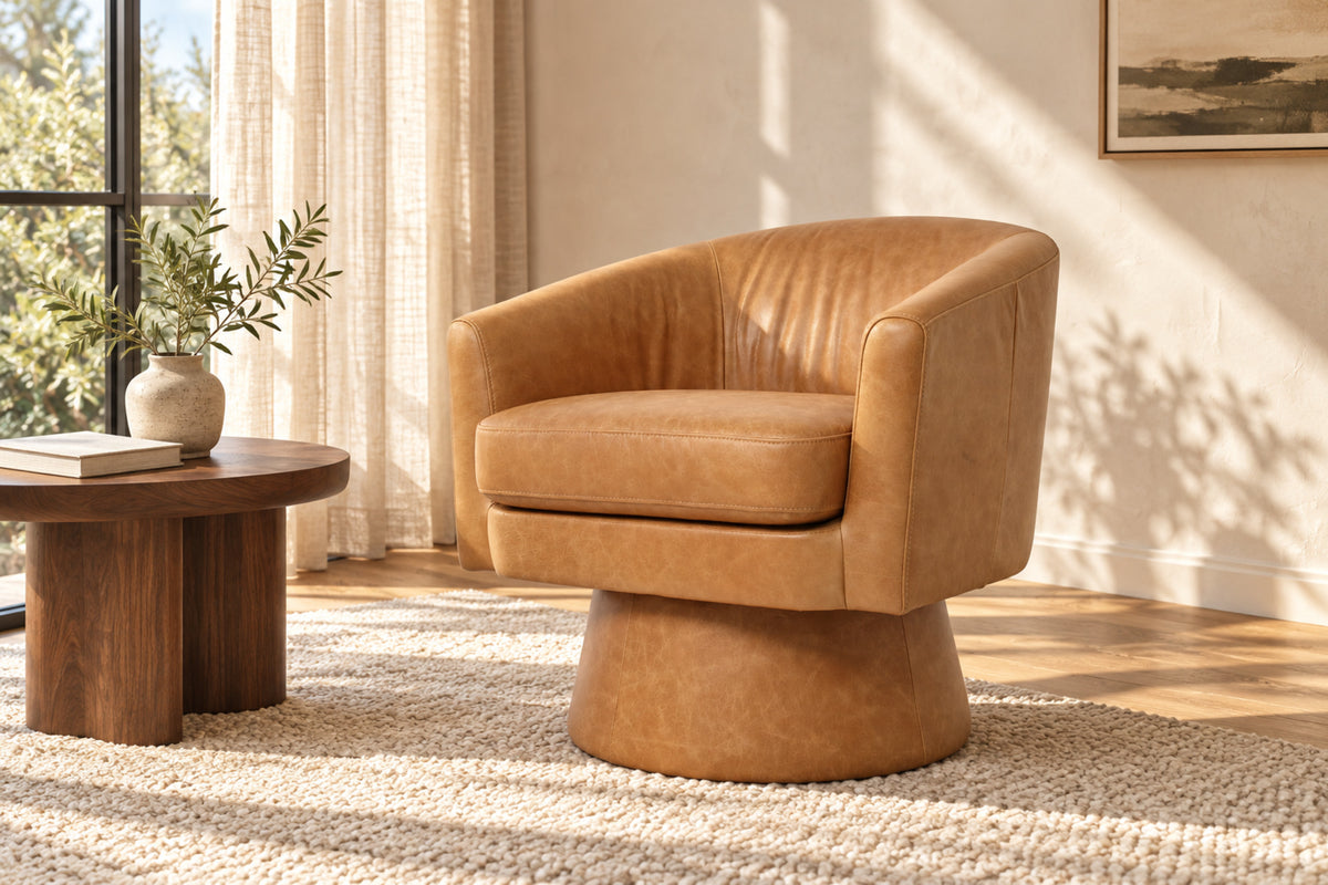 Alden brown leather swivel accent chair in a sunlit reading corner