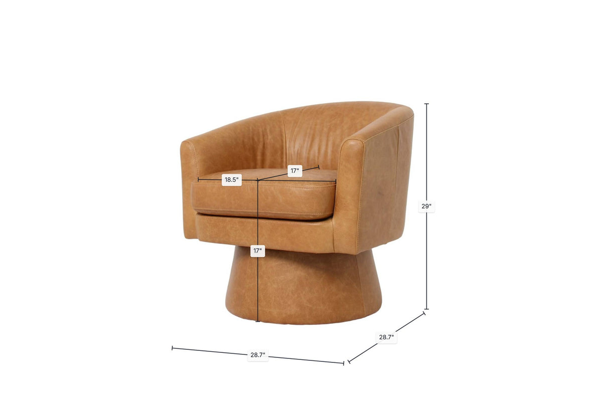 Alden tan leather swivel accent chair dimensions, 28.7 by 28.7 by 29 inches