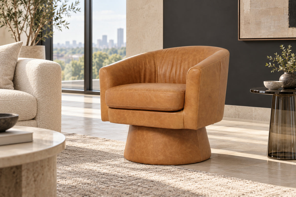 Alden brown leather swivel accent chair in a contemporary living room