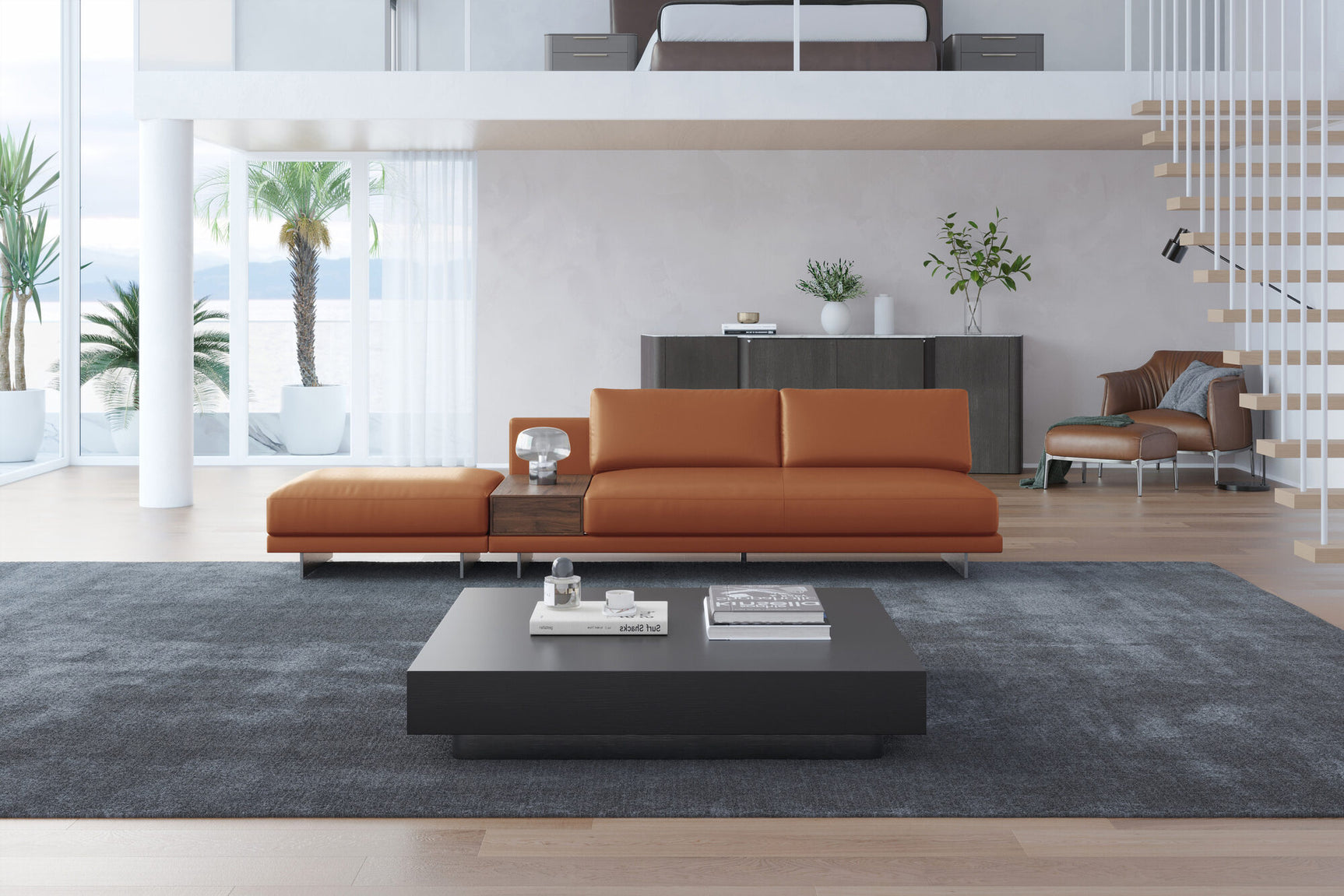 Alessandro Leather Armless Loveseat & Ottoman