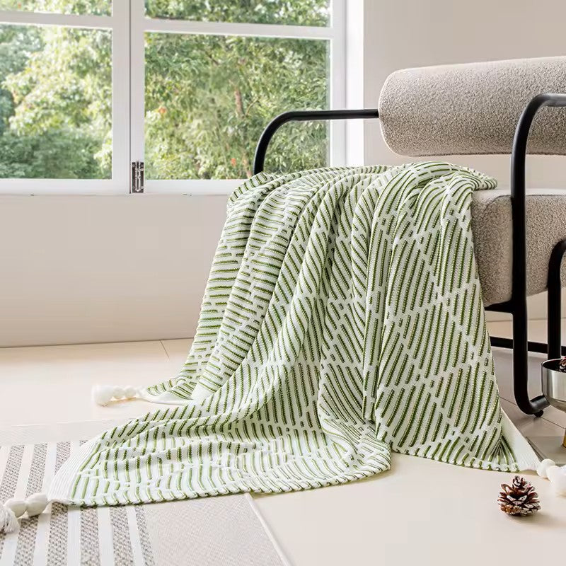 Meadow Cozy Pom Pom Blanket/Throw - Leaf Green