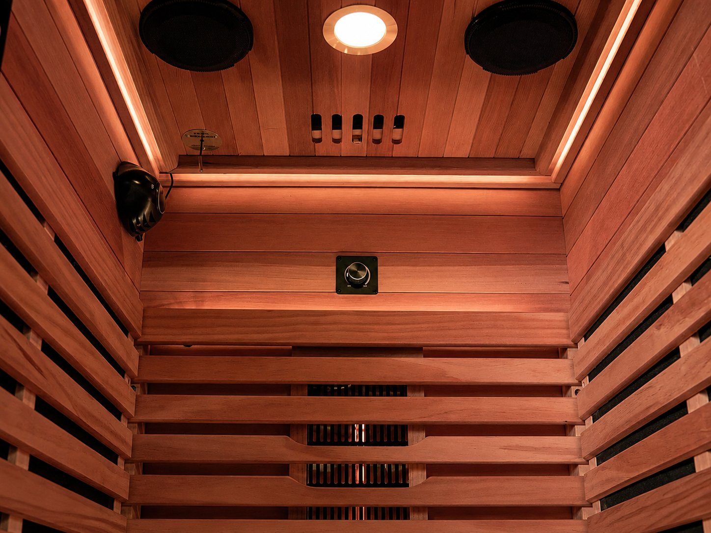 Chromotherapy lighting inside a Valencia Aura Red Cedar infrared sauna