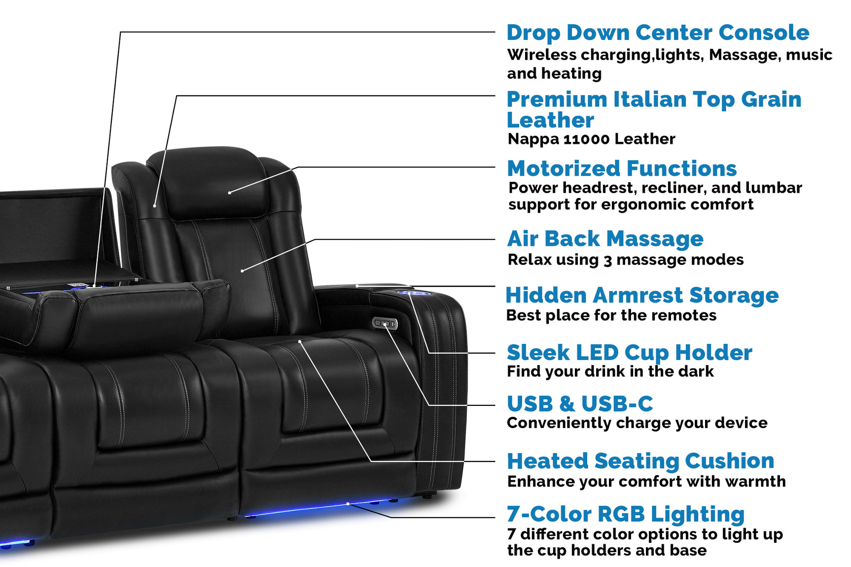 Cyber Immersive Sound Italian Leather Home Theater Console with Heat & Massage & Bass Shaker