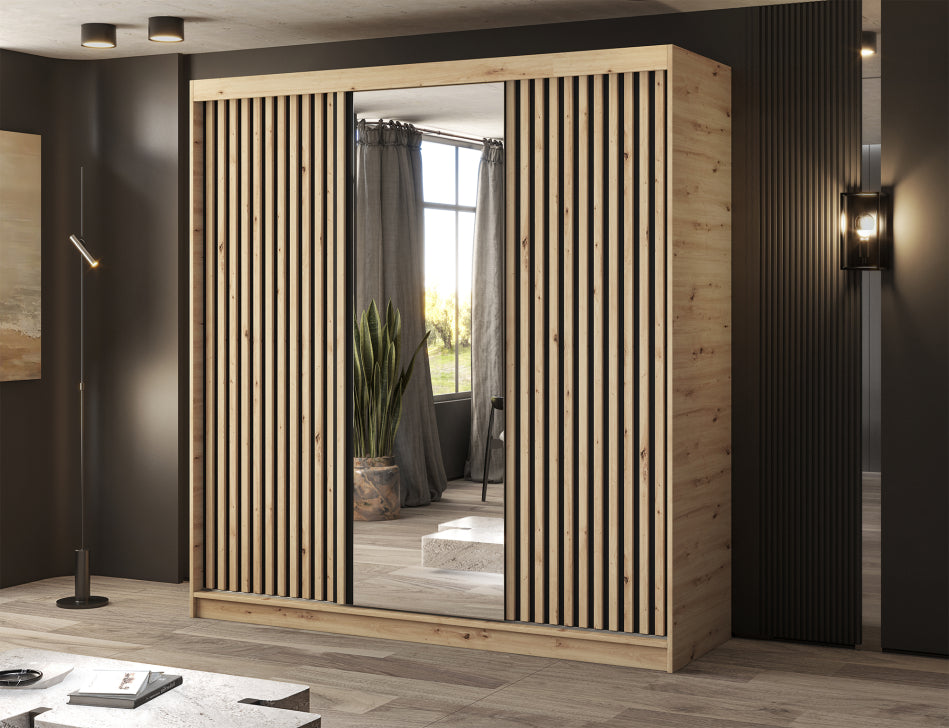Emerio Mirrored 3 Sliding Door Freestanding Wardrobe - Maple Oak