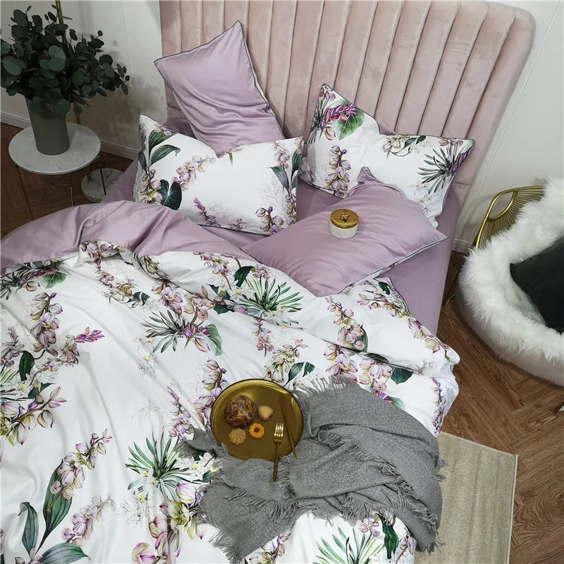 Eden 600 TC Floral Cotton Duvet Set - White/Lilac