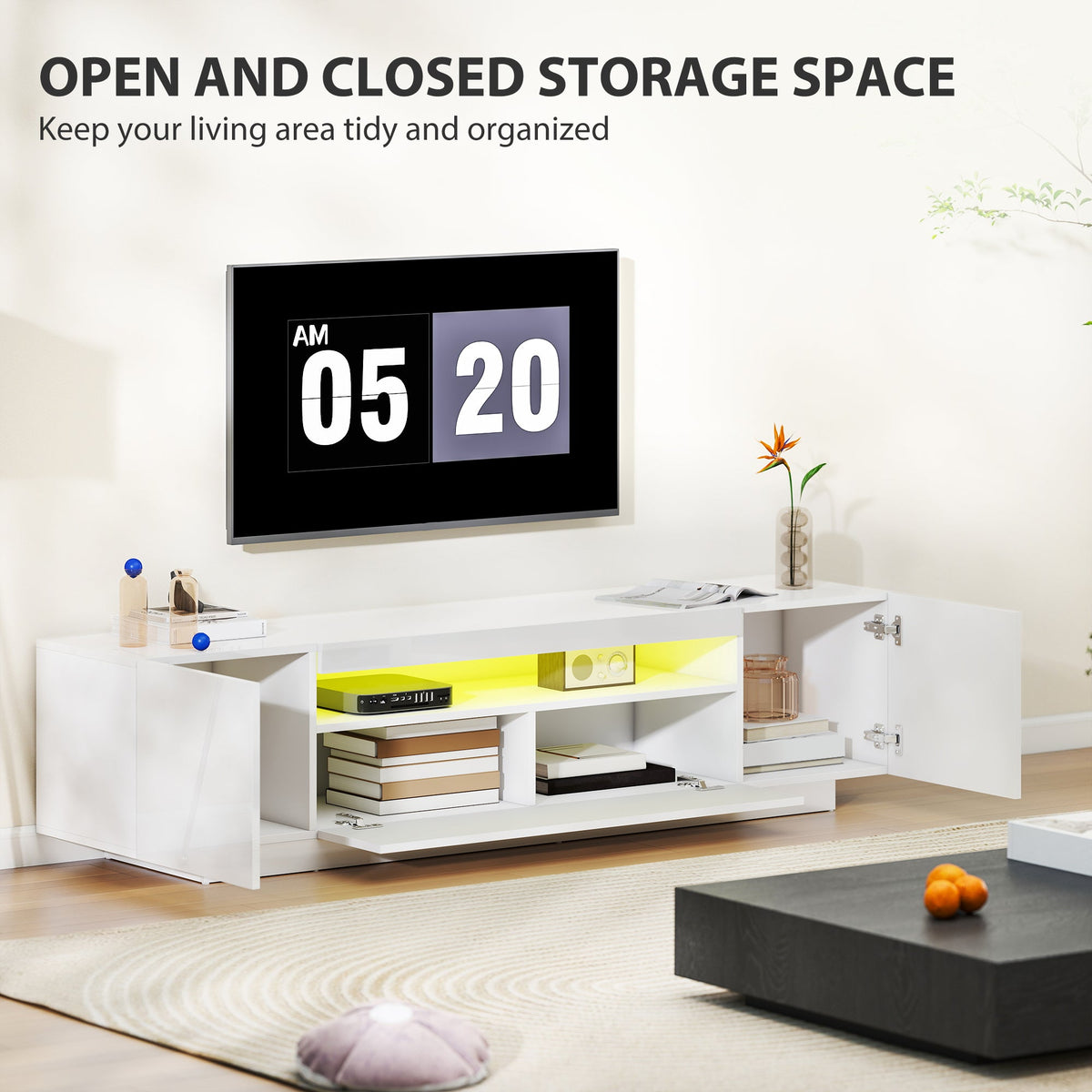 Greer Modern TV Stand with RGB LED Lights for 65-85" TVs - High Gloss White