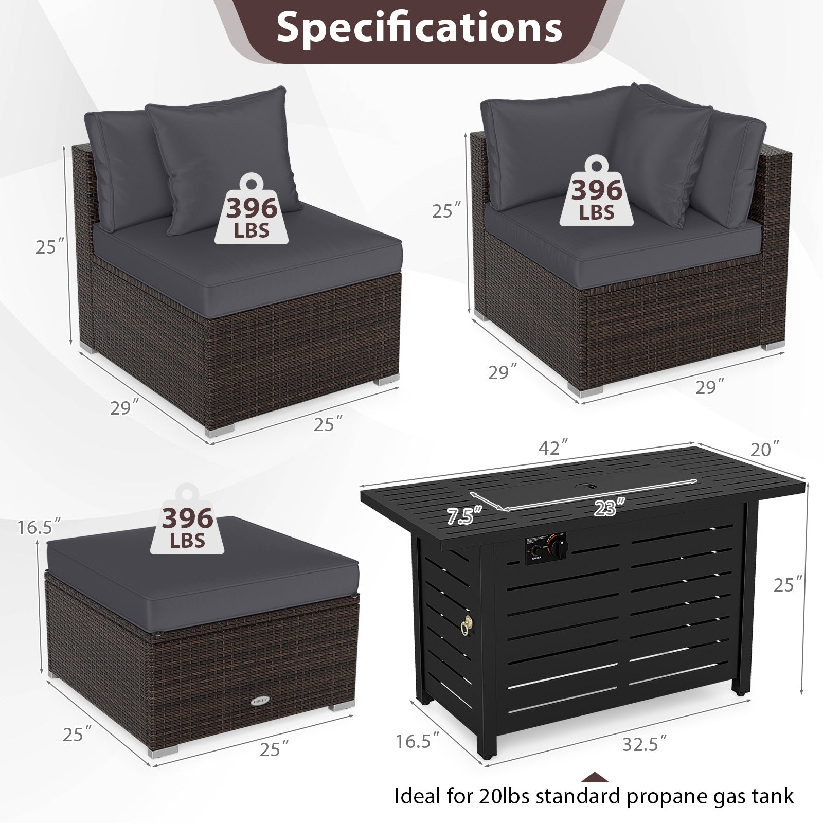 Heavy-duty Frame Rattan Sofa Set with 60000 BTU Firepit Table