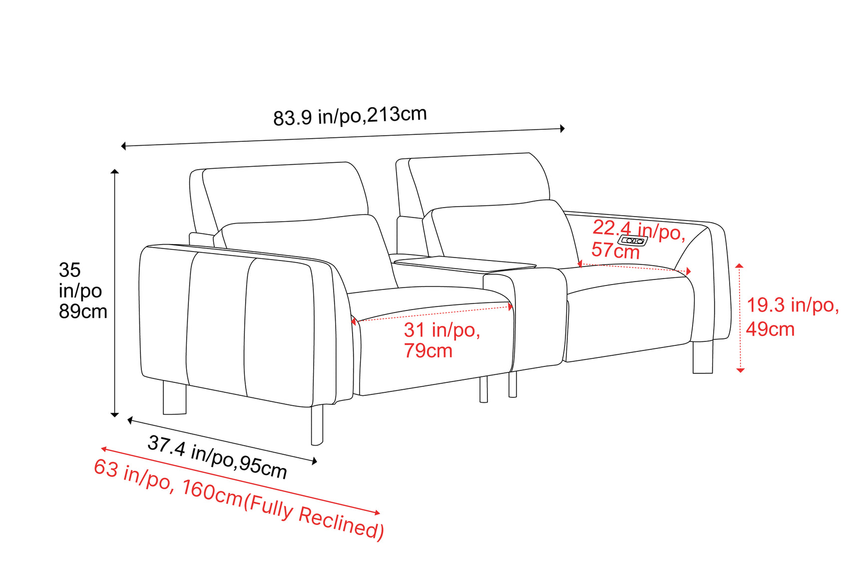 Lesley Leather Dual Recliner Sofa with Console