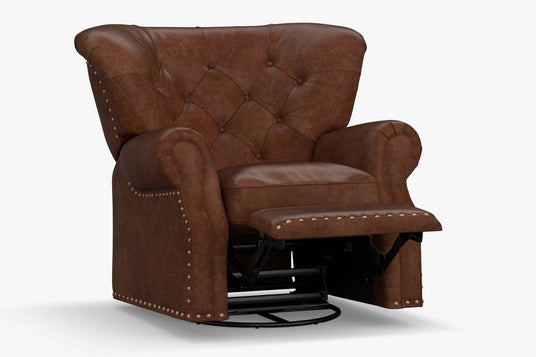 Left Angled Front View of A Mid-Century Luxury, Lipari Choco, Single Seat, Top Grain Leather Recliner on Chair with Nailheads on a White Background.
