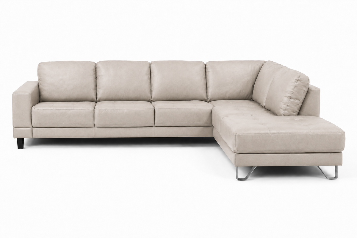 Lucien bisque leather sectional sofa with left-facing chaise, front angle view