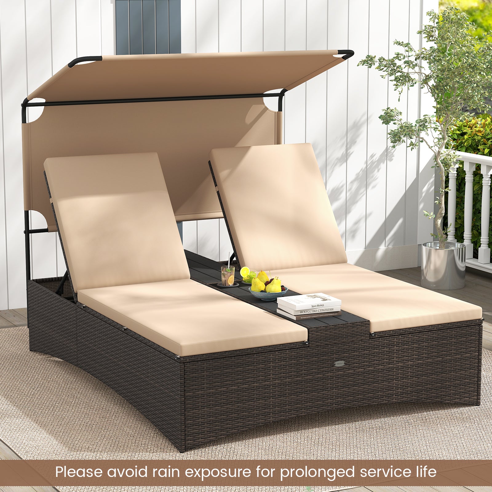 Outdoor Daybed with Adjustable Backrests 2-Person PE Rattan Patio Bed