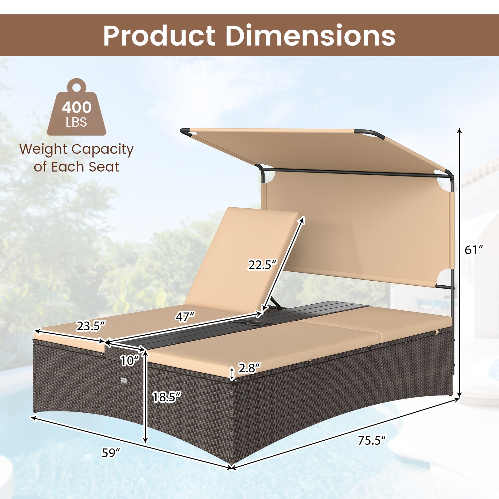 Outdoor Daybed with Adjustable Backrests 2-Person PE Rattan Patio Bed
