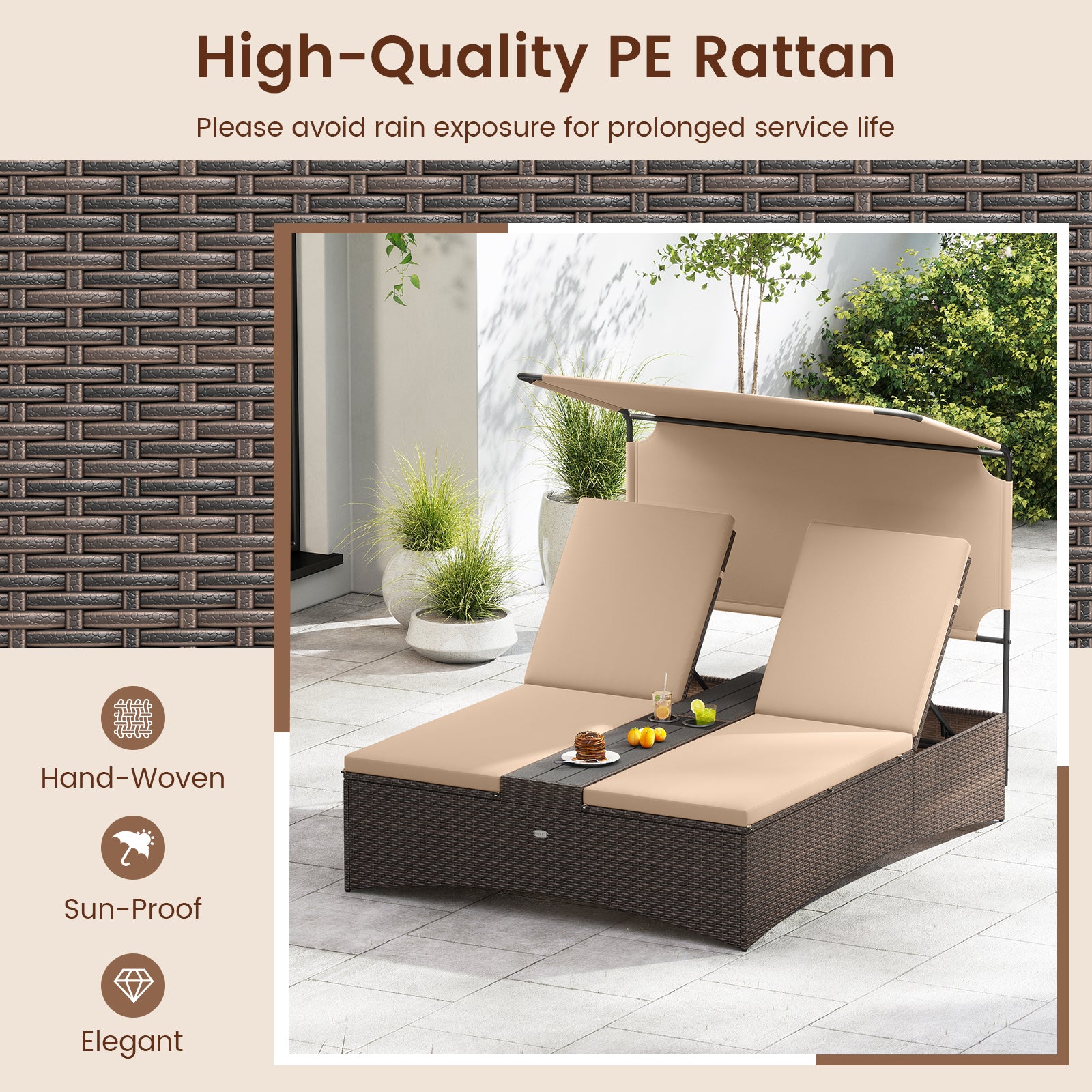 Outdoor Daybed with Adjustable Backrests 2-Person PE Rattan Patio Bed