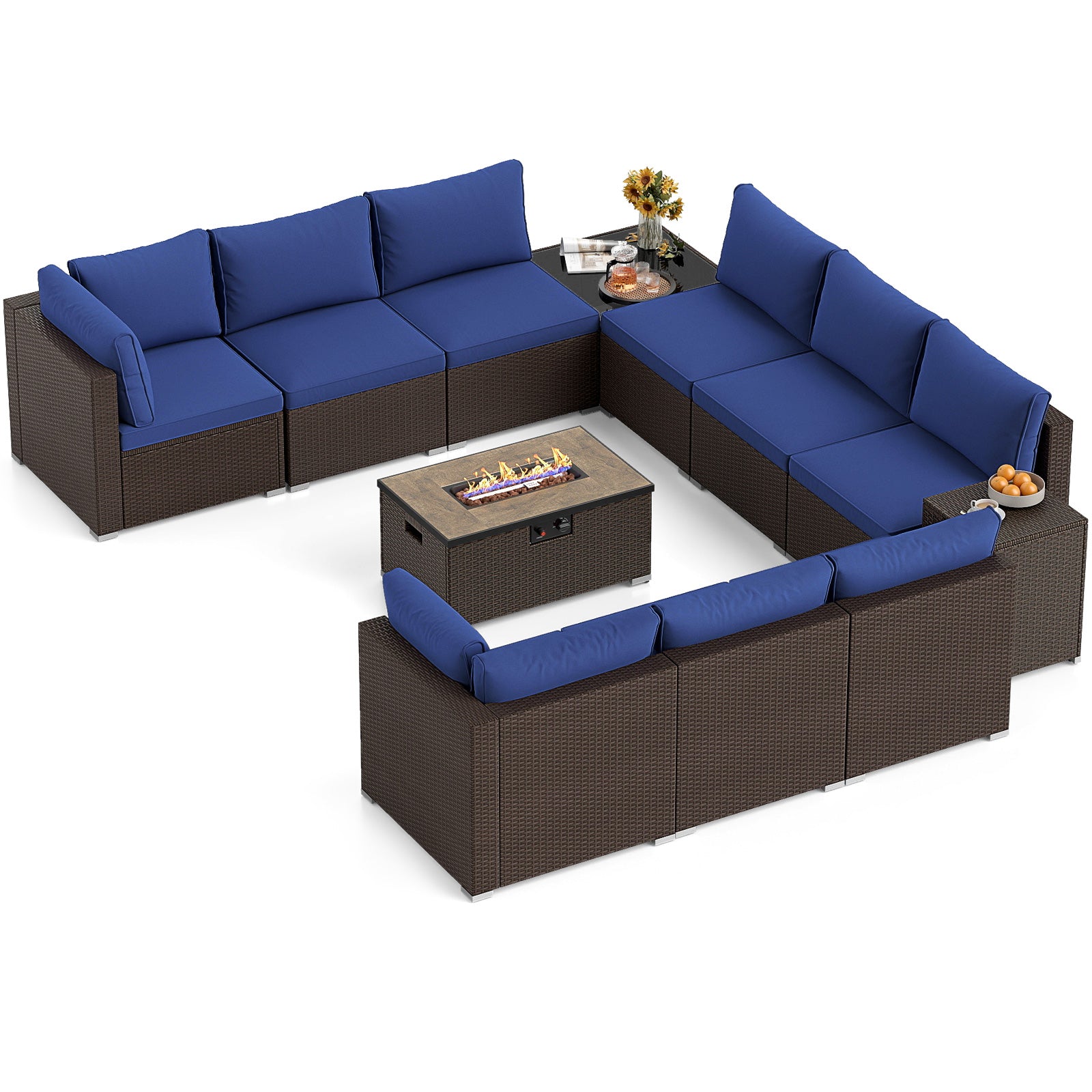 Outdoor PE Rattan Conversation Set with 32” Propane Fire Pit Table and Tank Holder