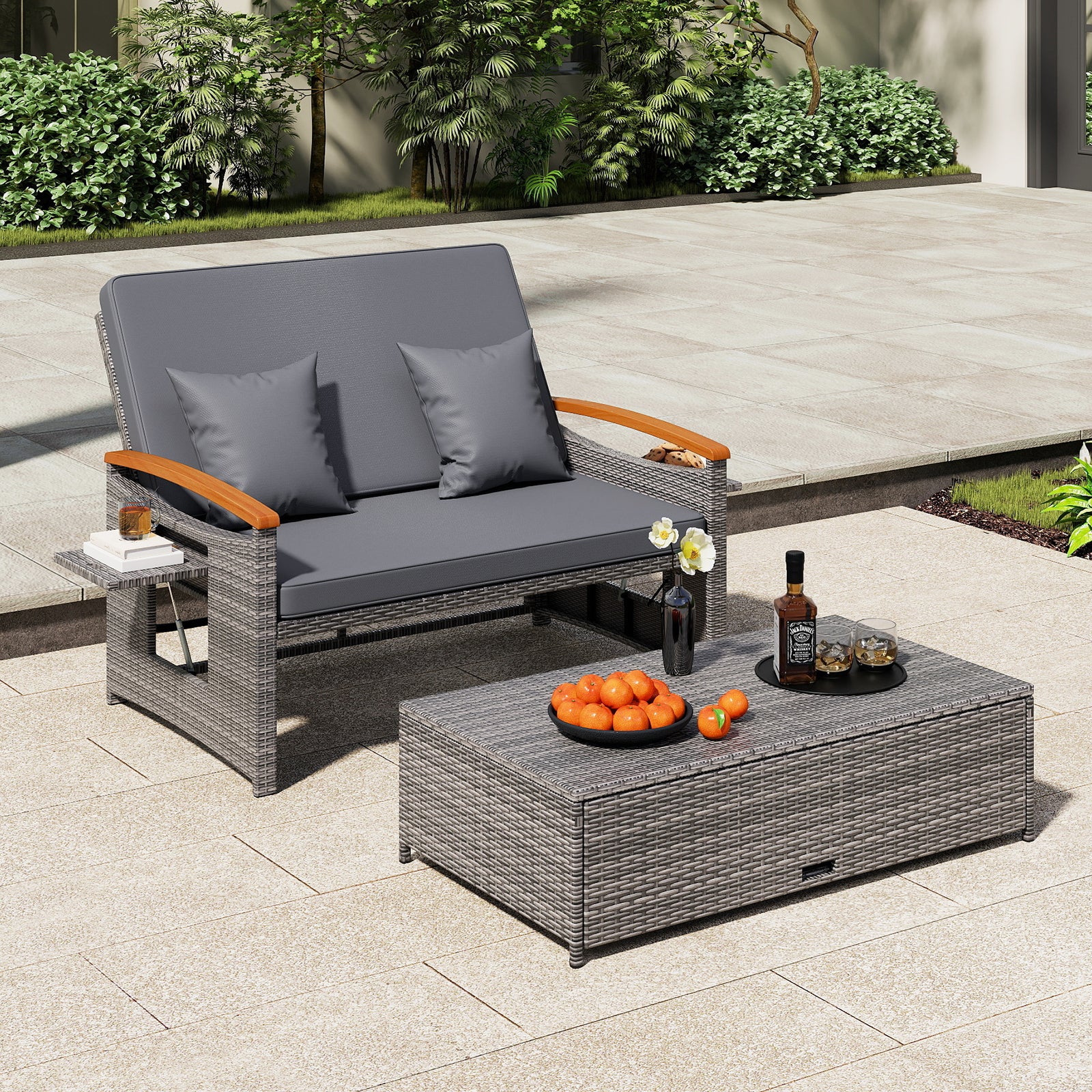 Outdoor Wicker Daybed with Folding Panels and Storage Ottoman