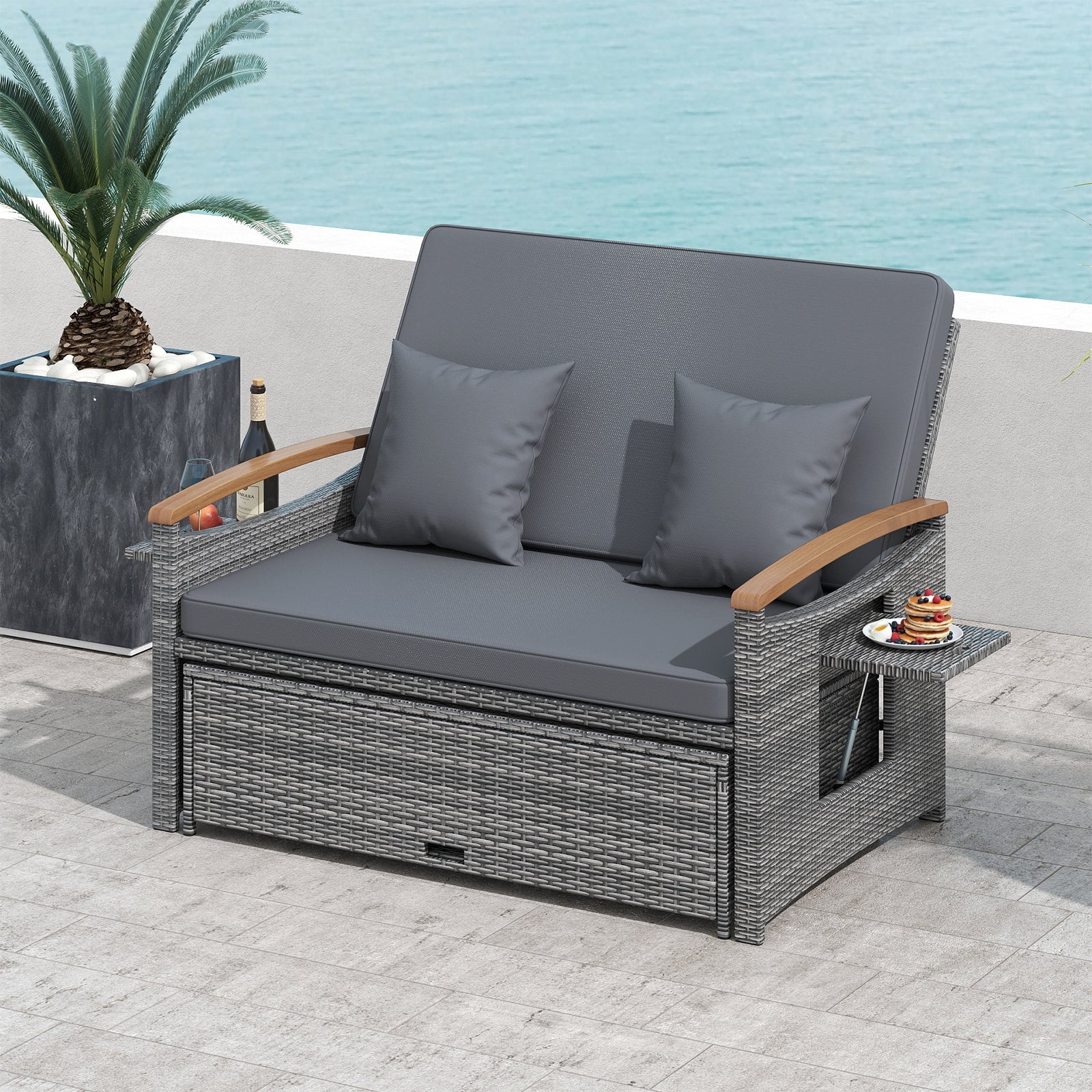 Outdoor Wicker Daybed with Folding Panels and Storage Ottoman