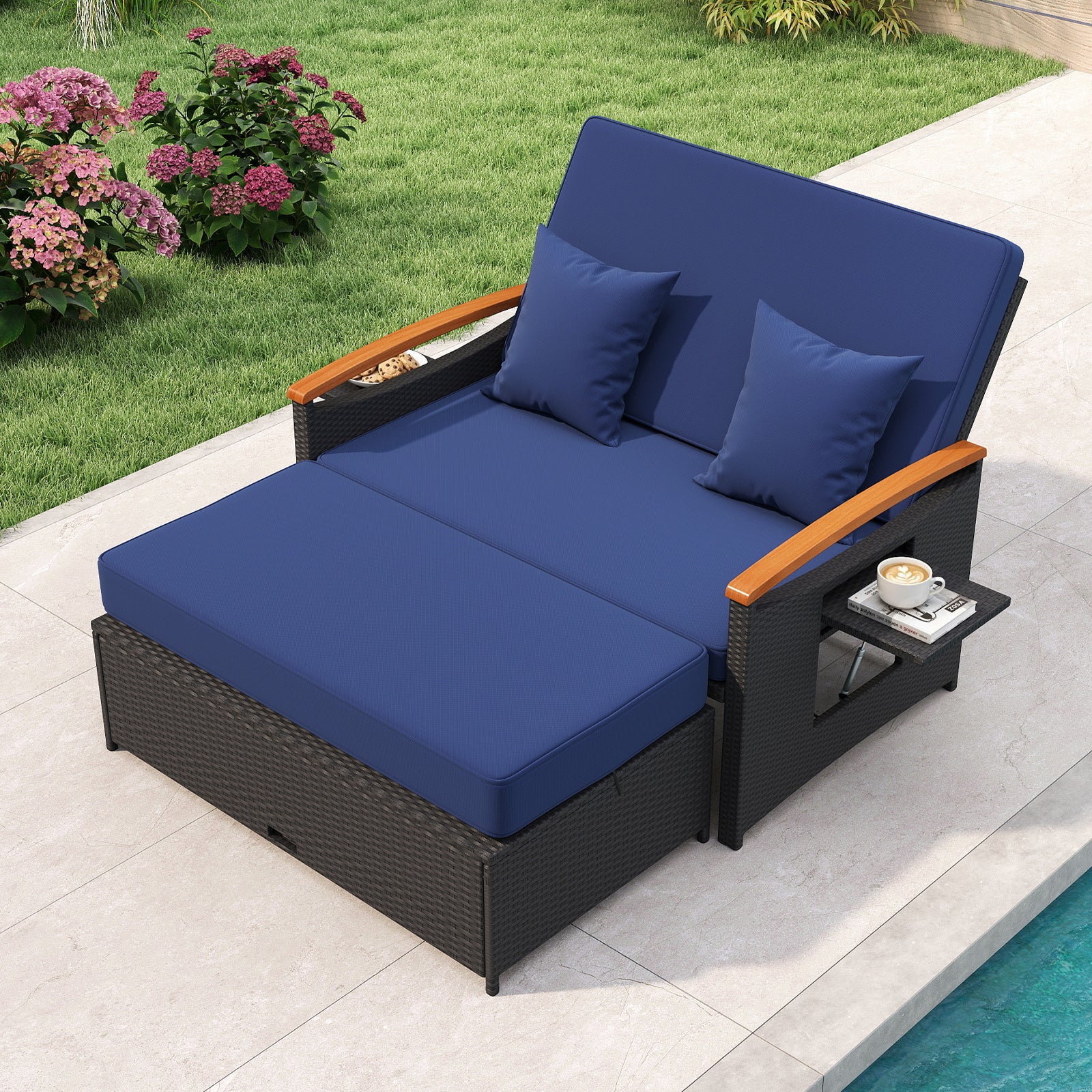 Outdoor Wicker Daybed with Folding Panels and Storage Ottoman