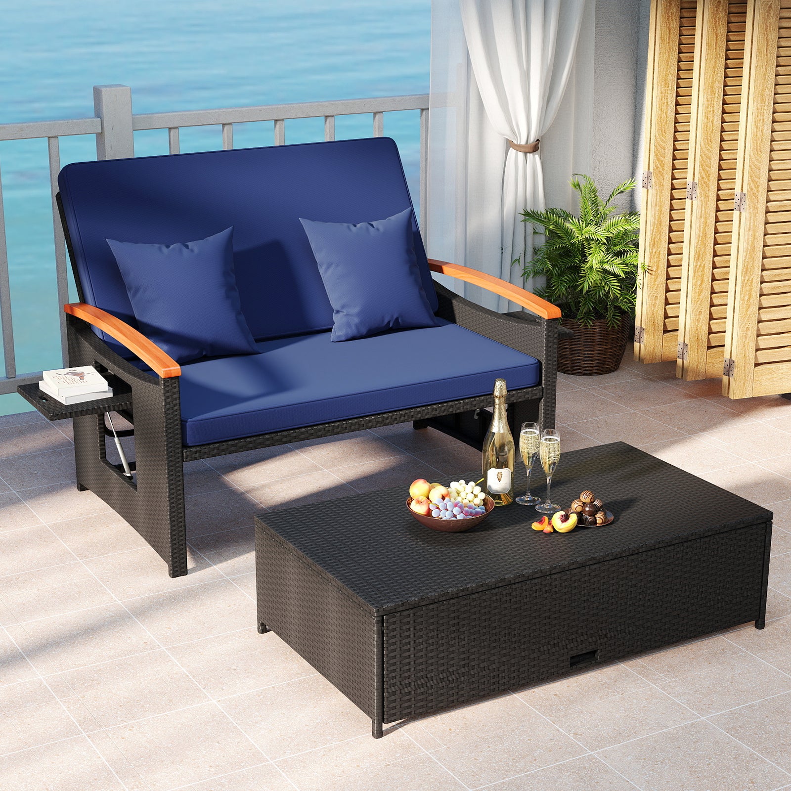 Outdoor Wicker Daybed with Folding Panels and Storage Ottoman