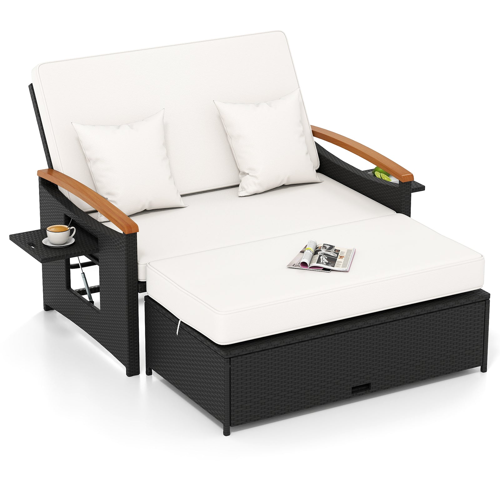 Outdoor Wicker Daybed with Folding Panels and Storage Ottoman