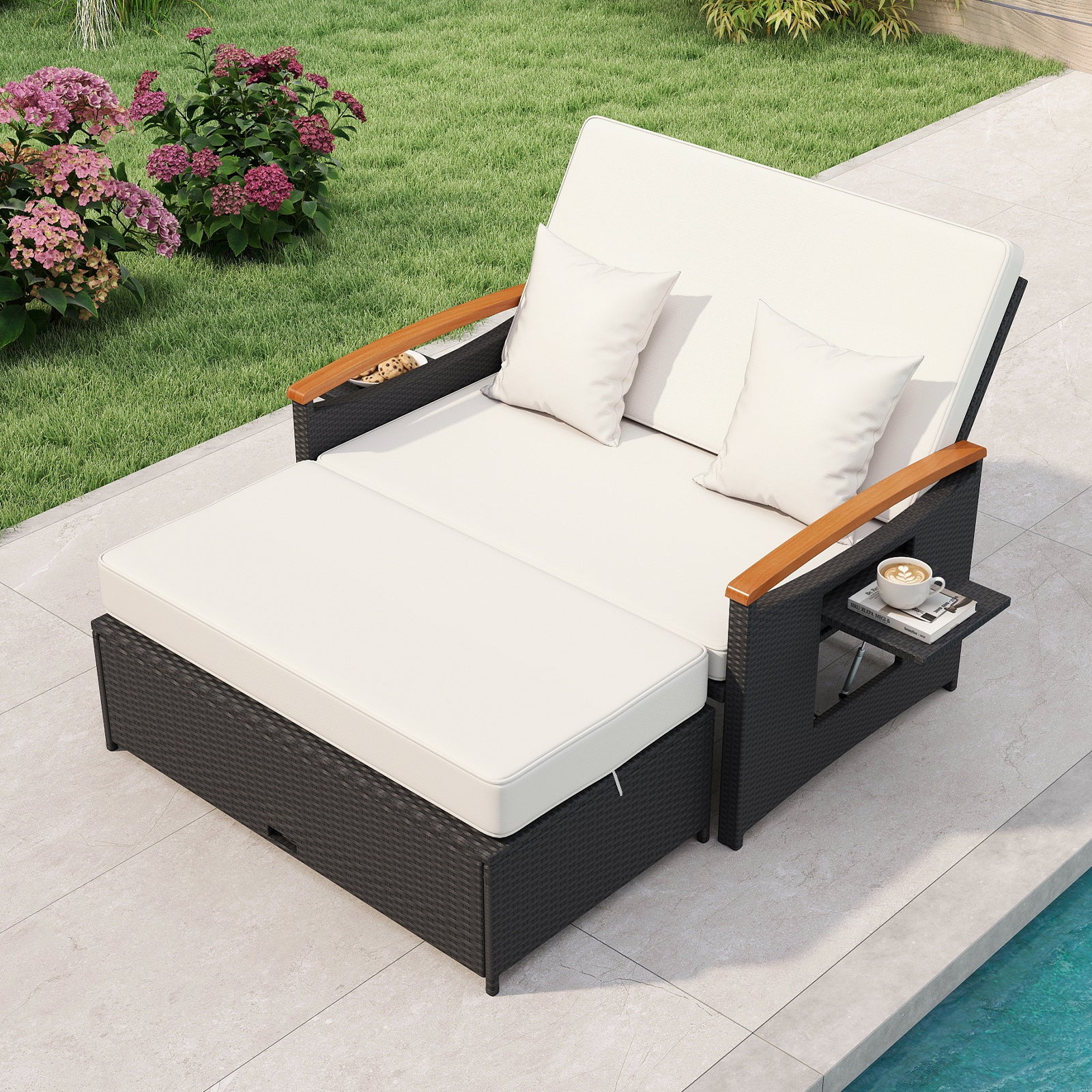 Outdoor Wicker Daybed with Folding Panels and Storage Ottoman