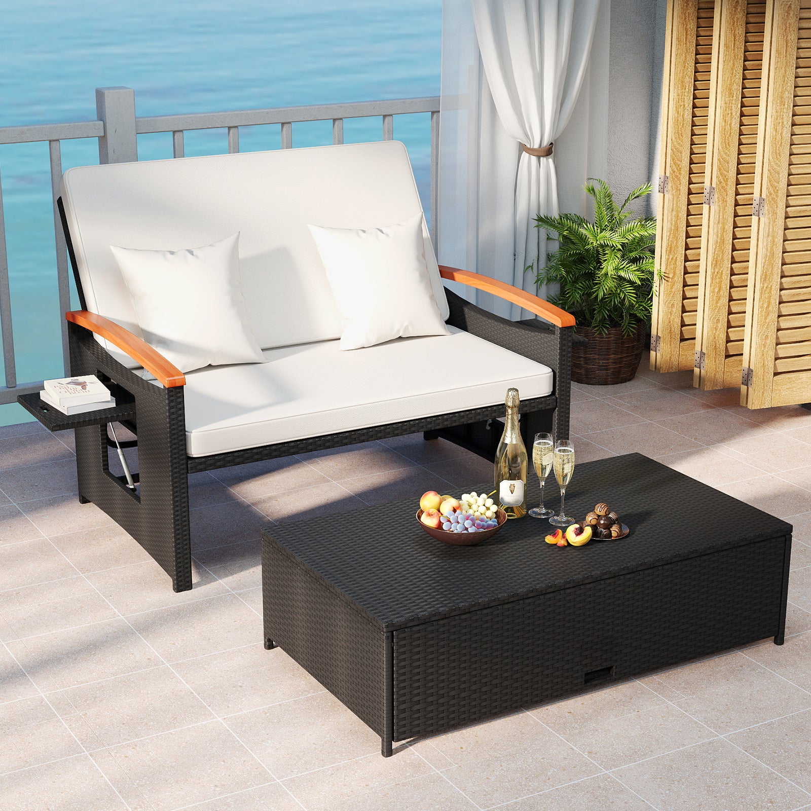 Outdoor Wicker Daybed with Folding Panels and Storage Ottoman