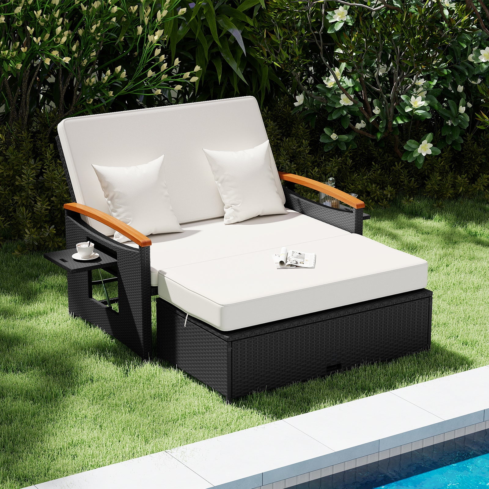 Outdoor Wicker Daybed with Folding Panels and Storage Ottoman