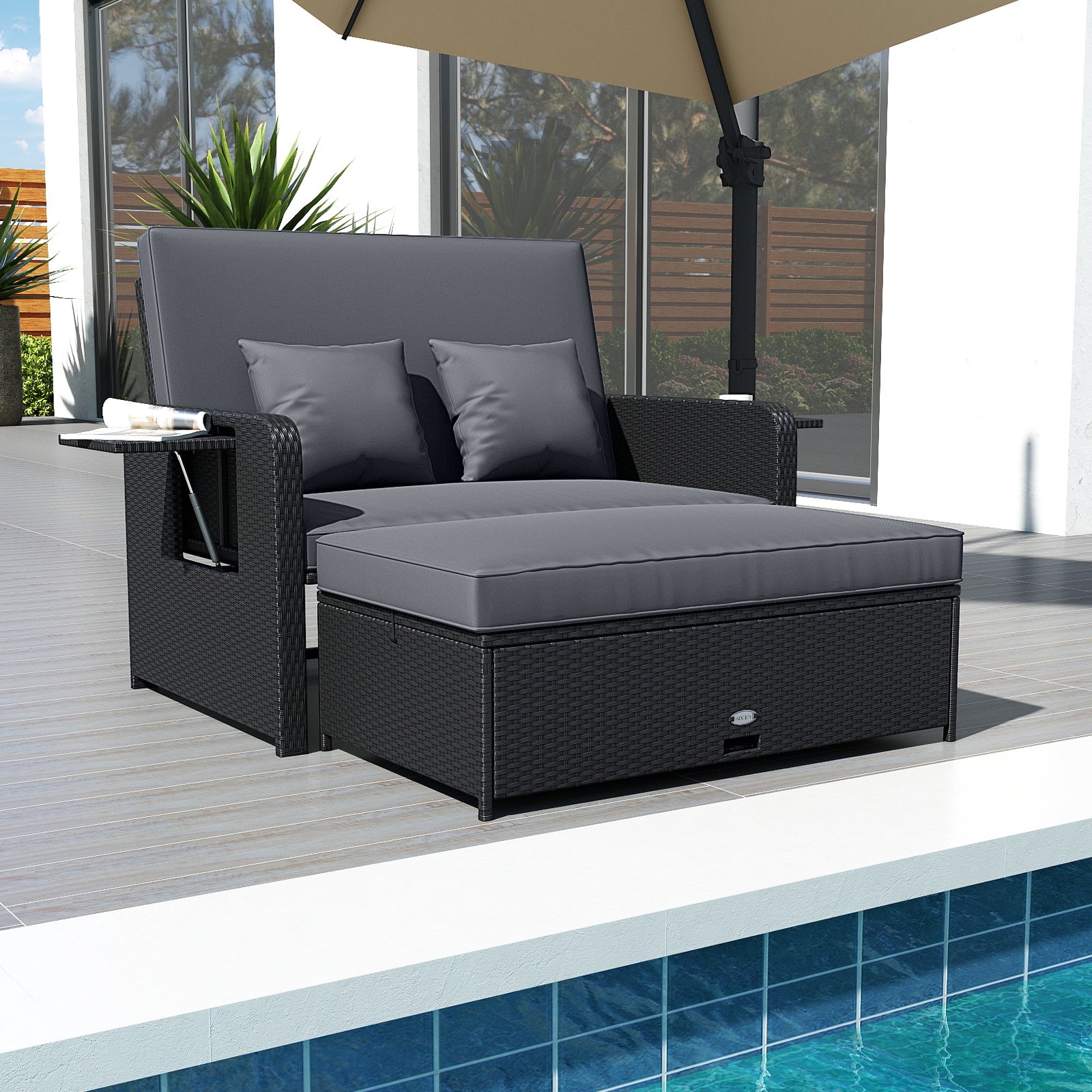 PE Wicker Outdoor Daybed with 4-Level Adjustable Backrest and Storage Ottoman