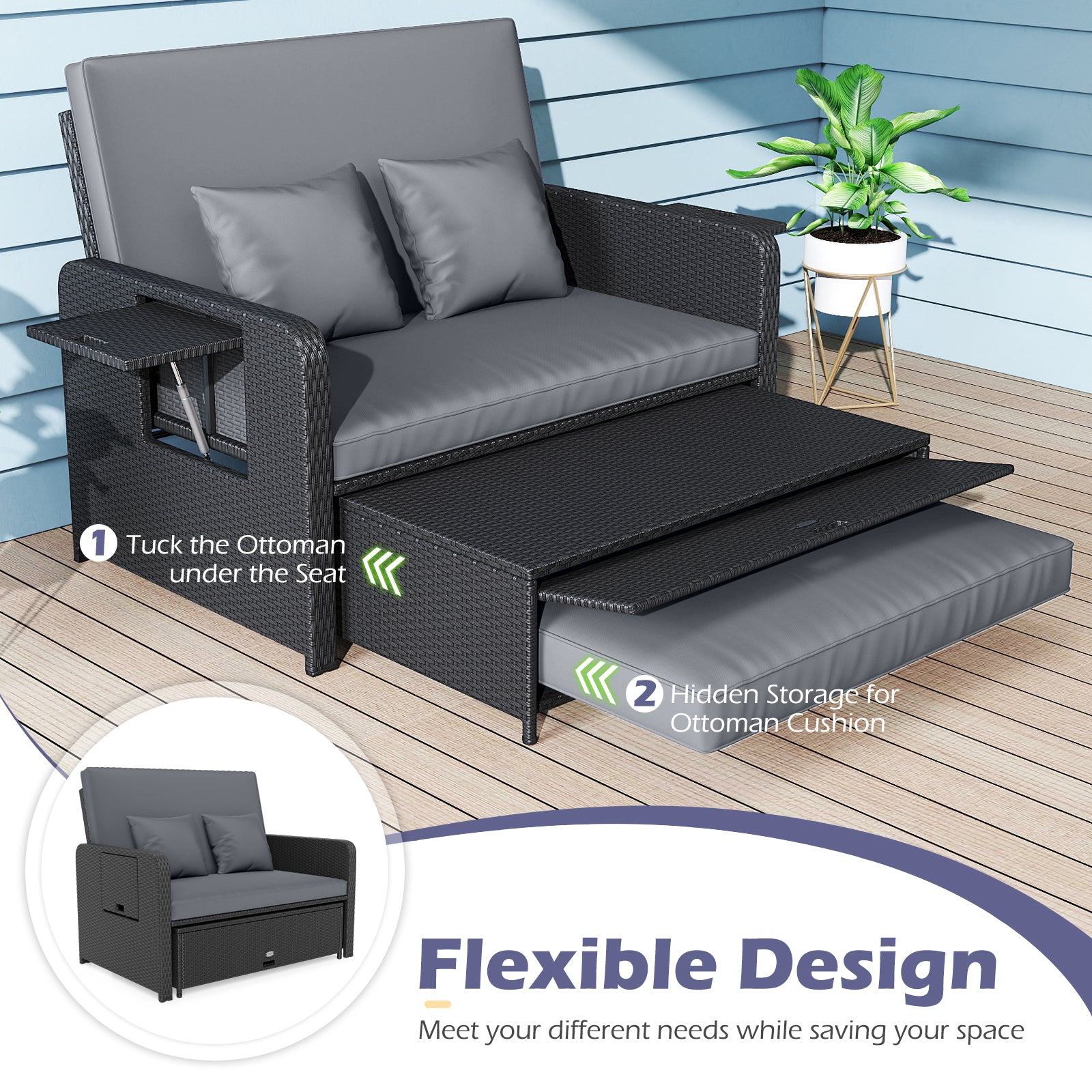 PE Wicker Outdoor Daybed with 4-Level Adjustable Backrest and Storage Ottoman