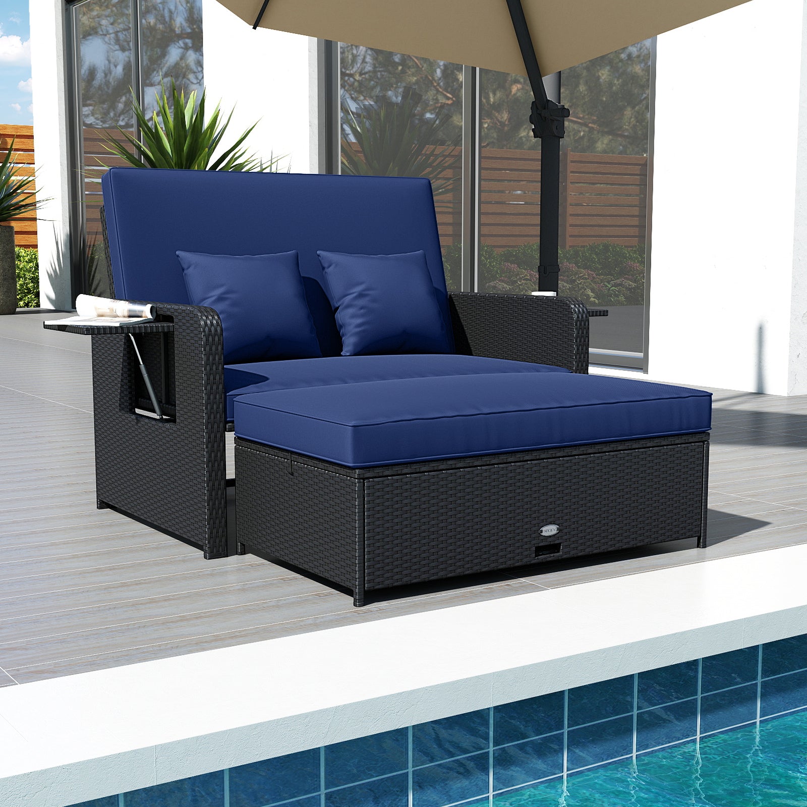 PE Wicker Outdoor Daybed with 4-Level Adjustable Backrest and Storage Ottoman