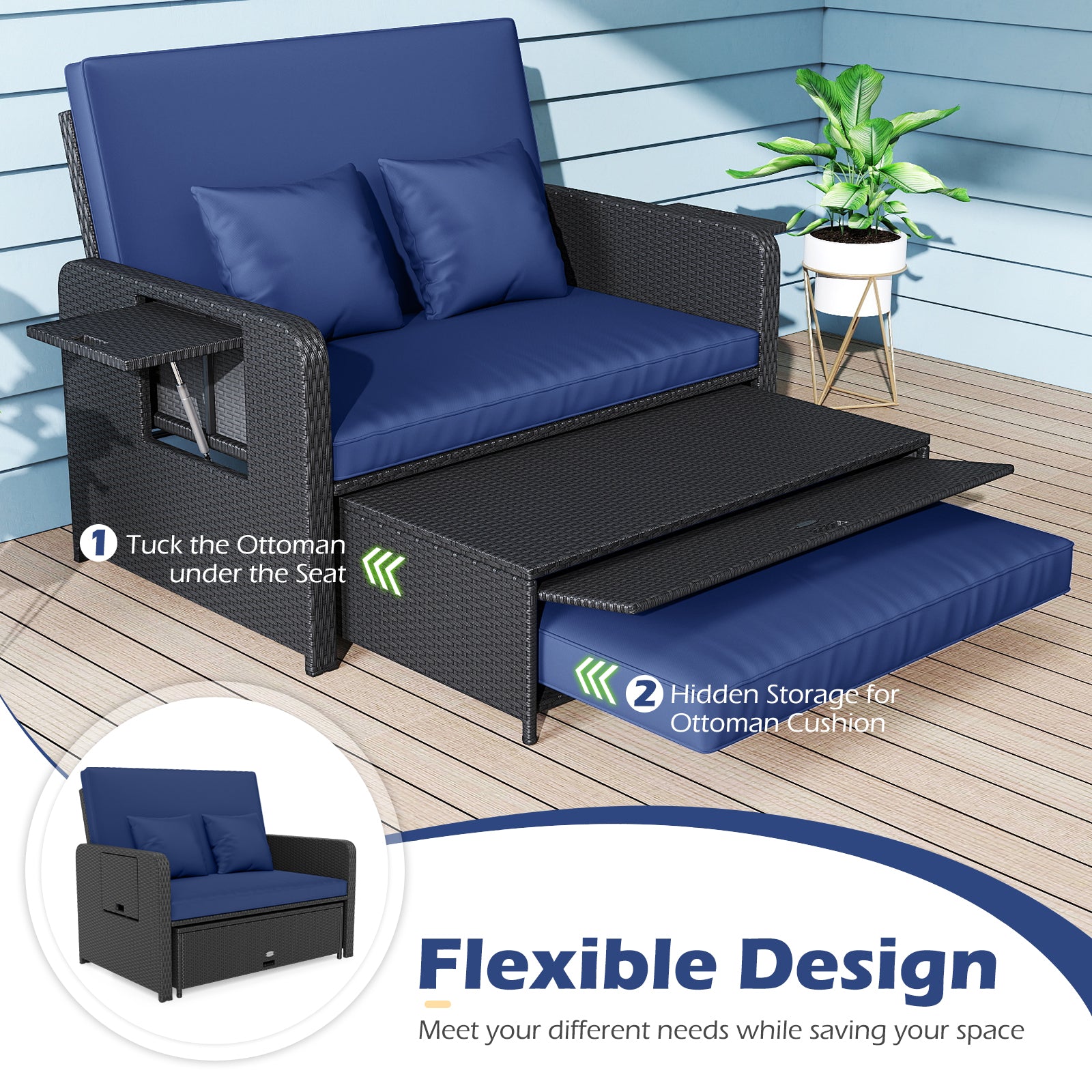 PE Wicker Outdoor Daybed with 4-Level Adjustable Backrest and Storage Ottoman