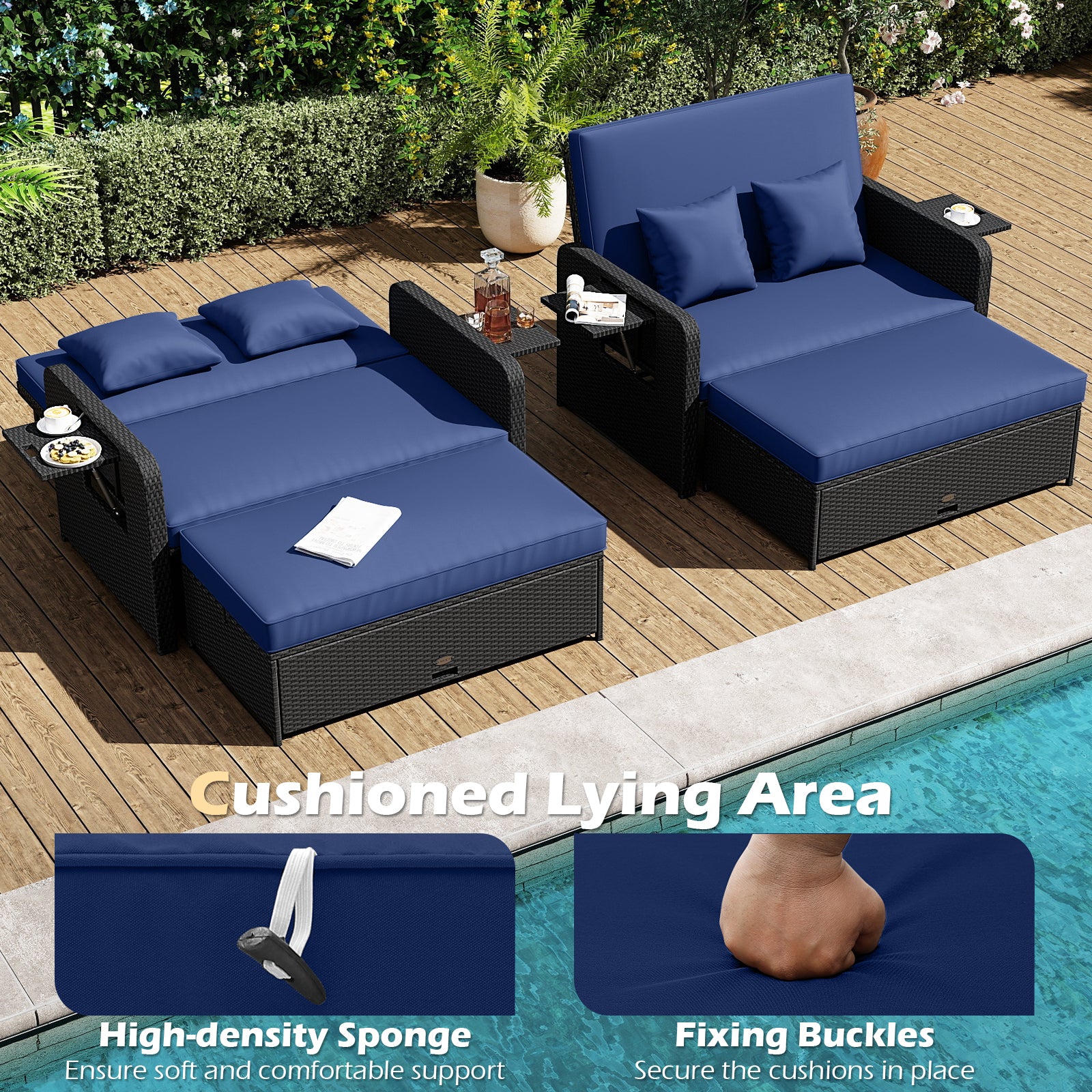 PE Wicker Outdoor Daybed with 4-Level Adjustable Backrest and Storage Ottoman