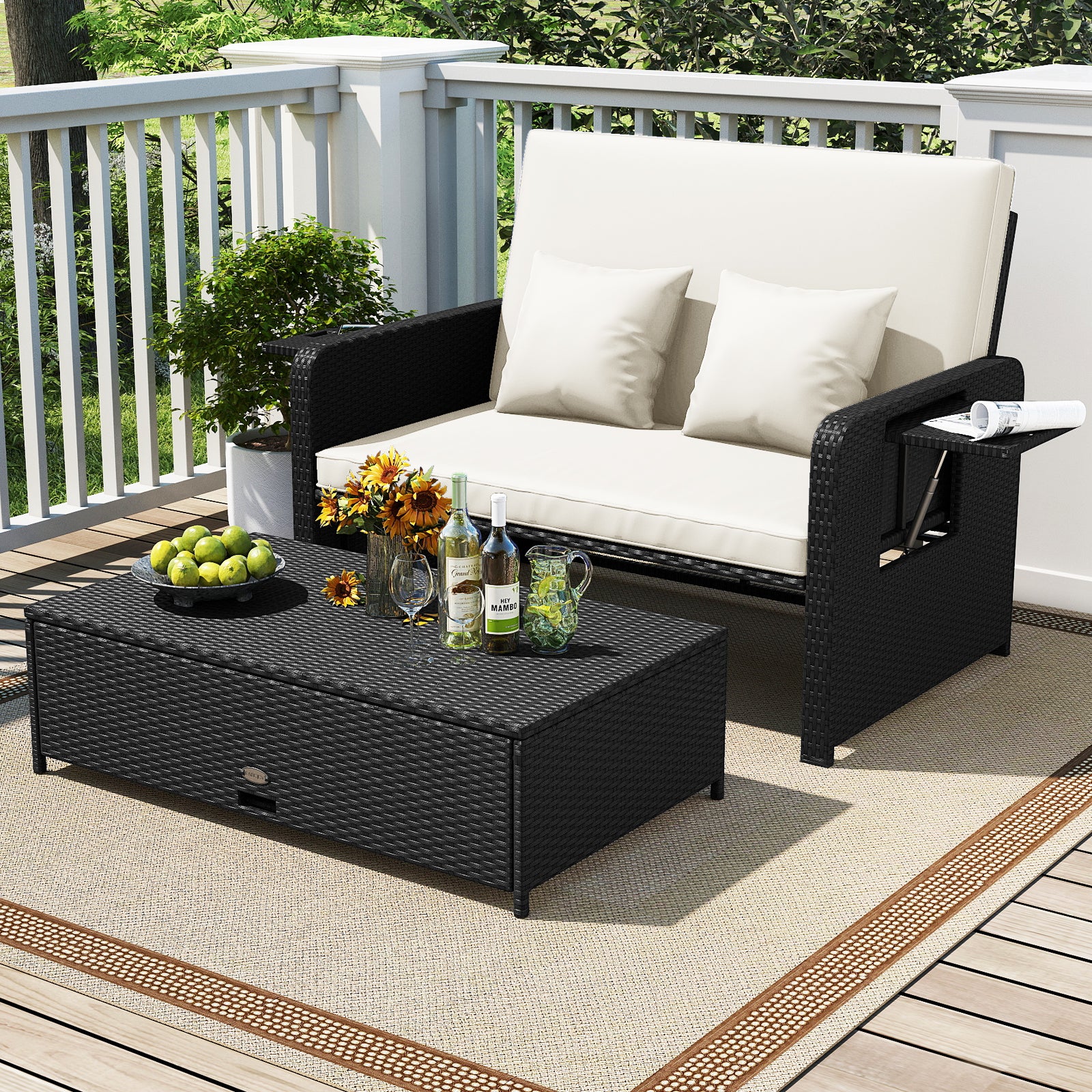 PE Wicker Outdoor Daybed with 4-Level Adjustable Backrest and Storage Ottoman