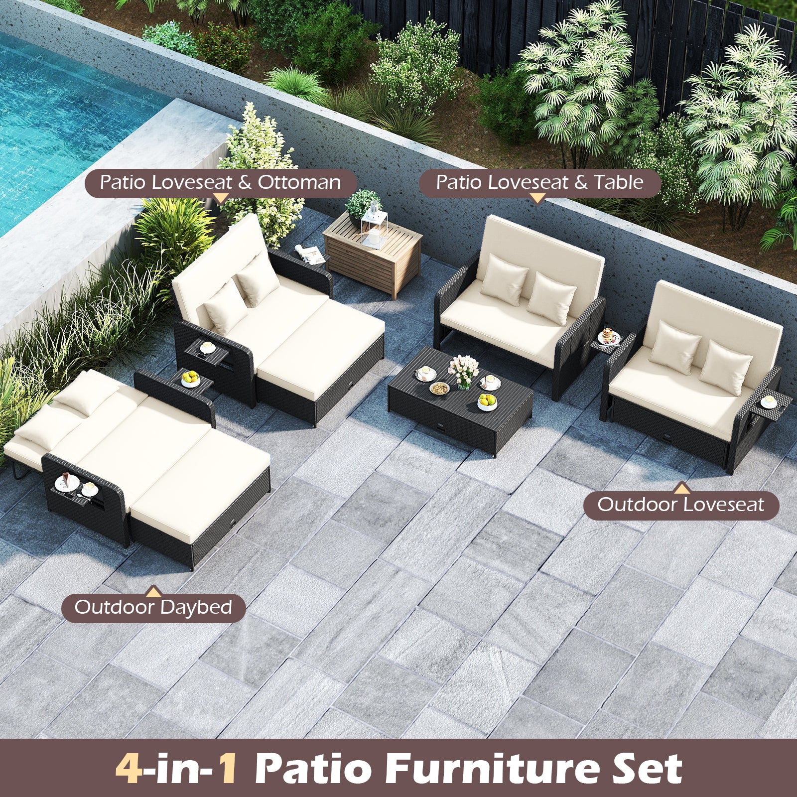 PE Wicker Outdoor Daybed with 4-Level Adjustable Backrest and Storage Ottoman