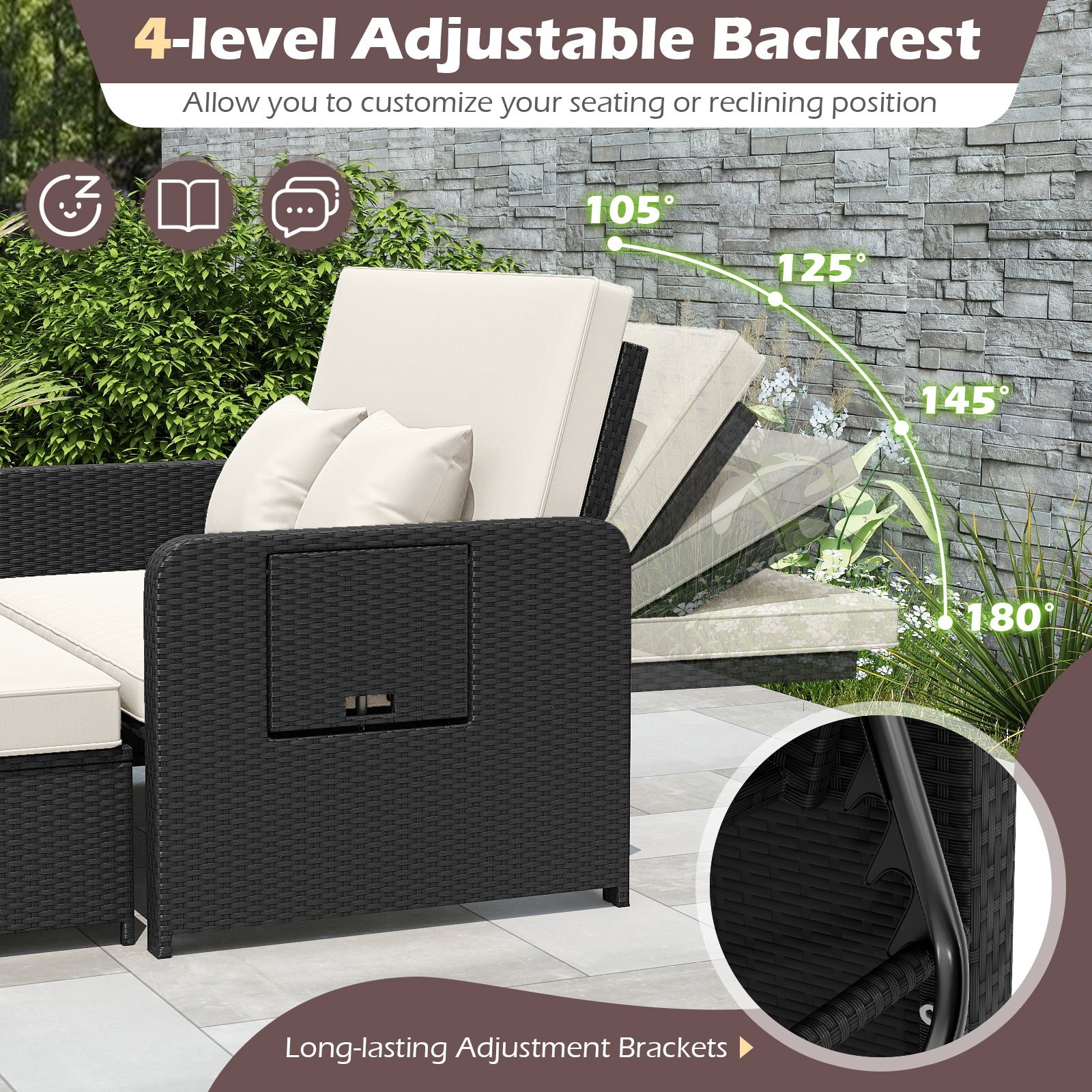 PE Wicker Outdoor Daybed with 4-Level Adjustable Backrest and Storage Ottoman