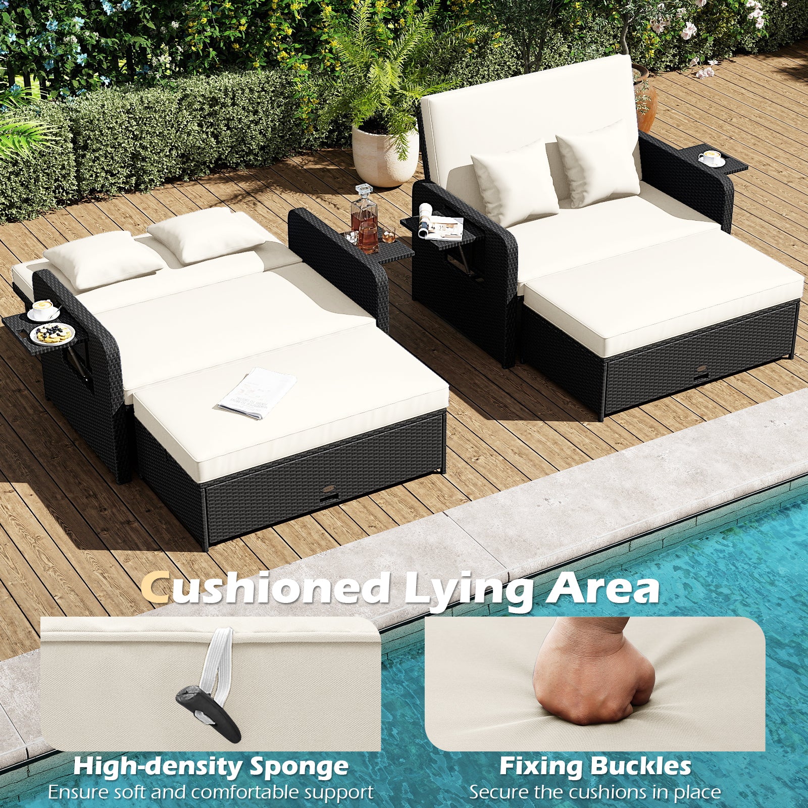 PE Wicker Outdoor Daybed with 4-Level Adjustable Backrest and Storage Ottoman