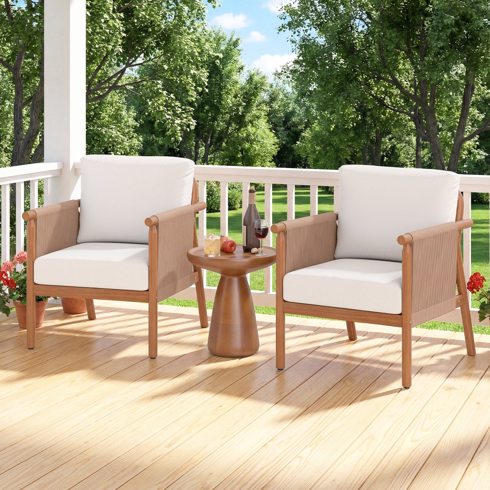 Patio Acacia Wood Chair Set of 4 with Woven Rope Armrests and Seat Back Cushions for Backyard