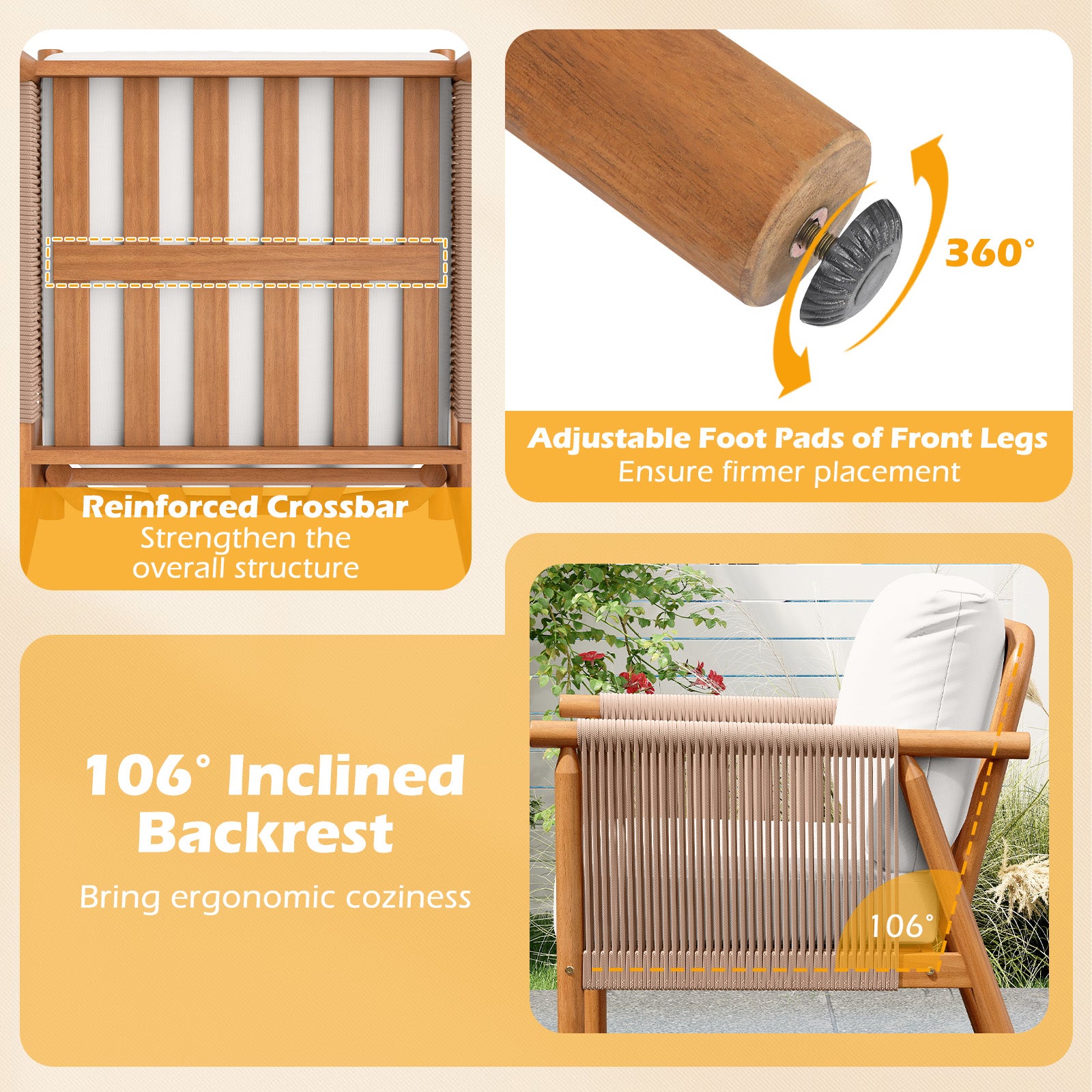 Patio Acacia Wood Chair Set of 4 with Woven Rope Armrests and Seat Back Cushions for Backyard