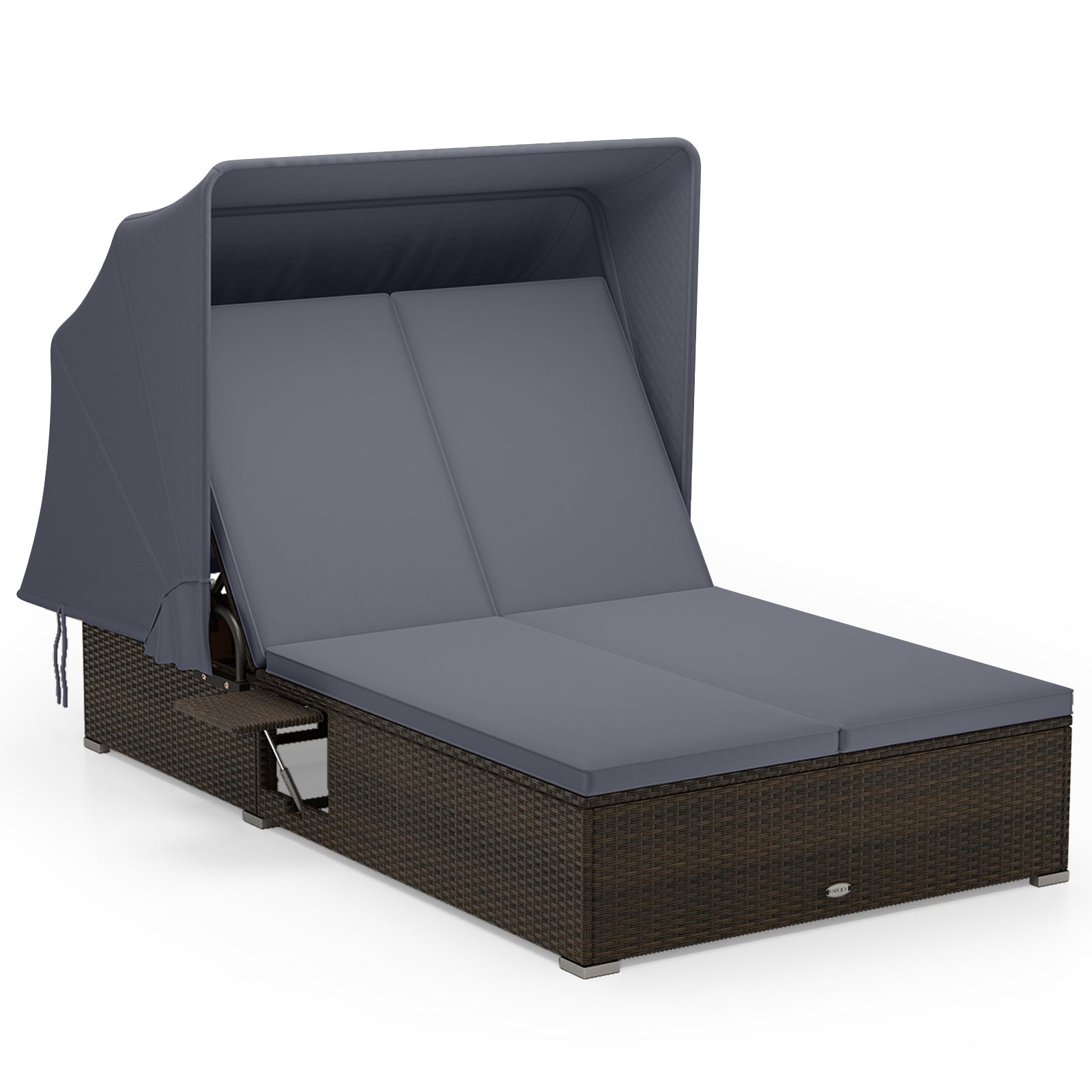 Patio Double Chaise Lounge with Shade Cushions and Folding Side Trays