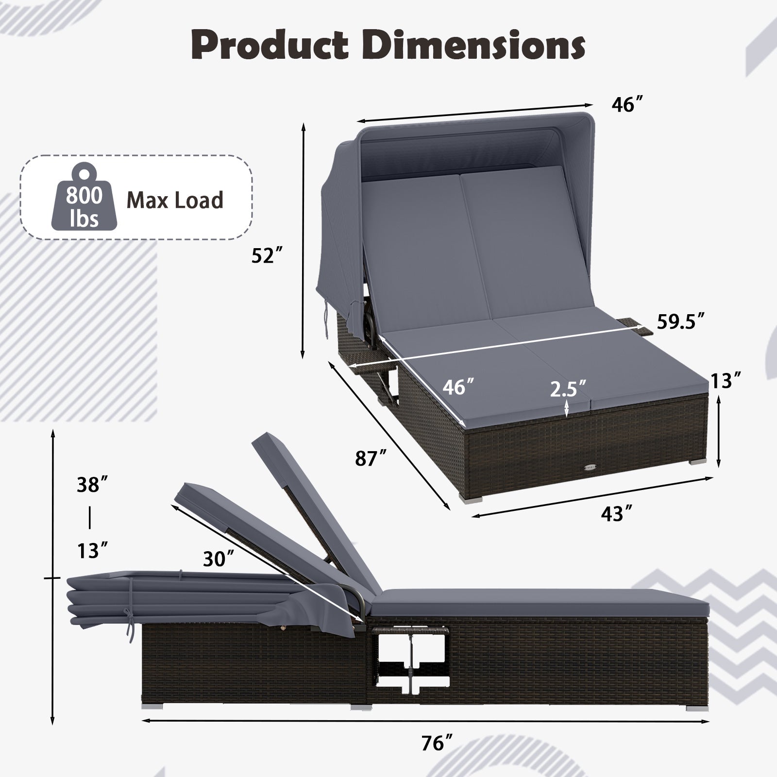 Patio Double Chaise Lounge with Shade Cushions and Folding Side Trays